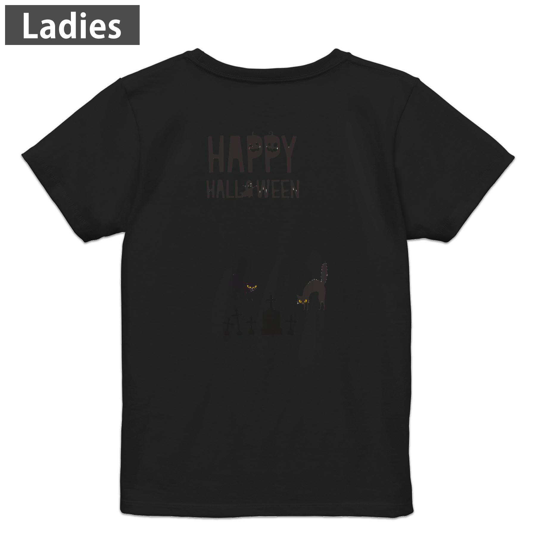 Print - Tシャツ レディース バックプリント 半袖 ブラック 黒 デザイン M L tシャツ ティーシャツ T shirt 026131 猫 cat　Halloween