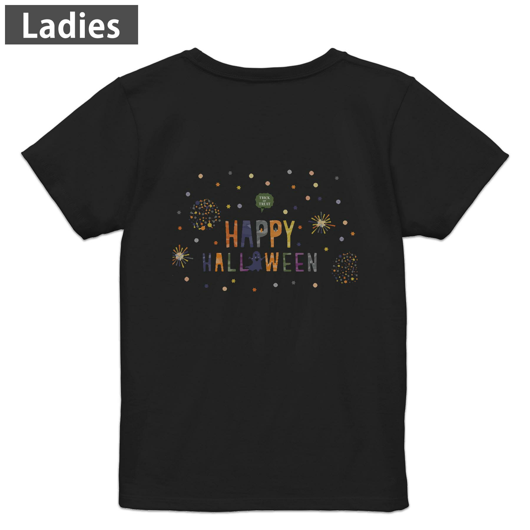 Tシャツ レディース バックプリント 半袖 ブラック 黒 デザイン M L tシャツ ティーシャツ T shirt 026132 カラフル 花火 Halloween