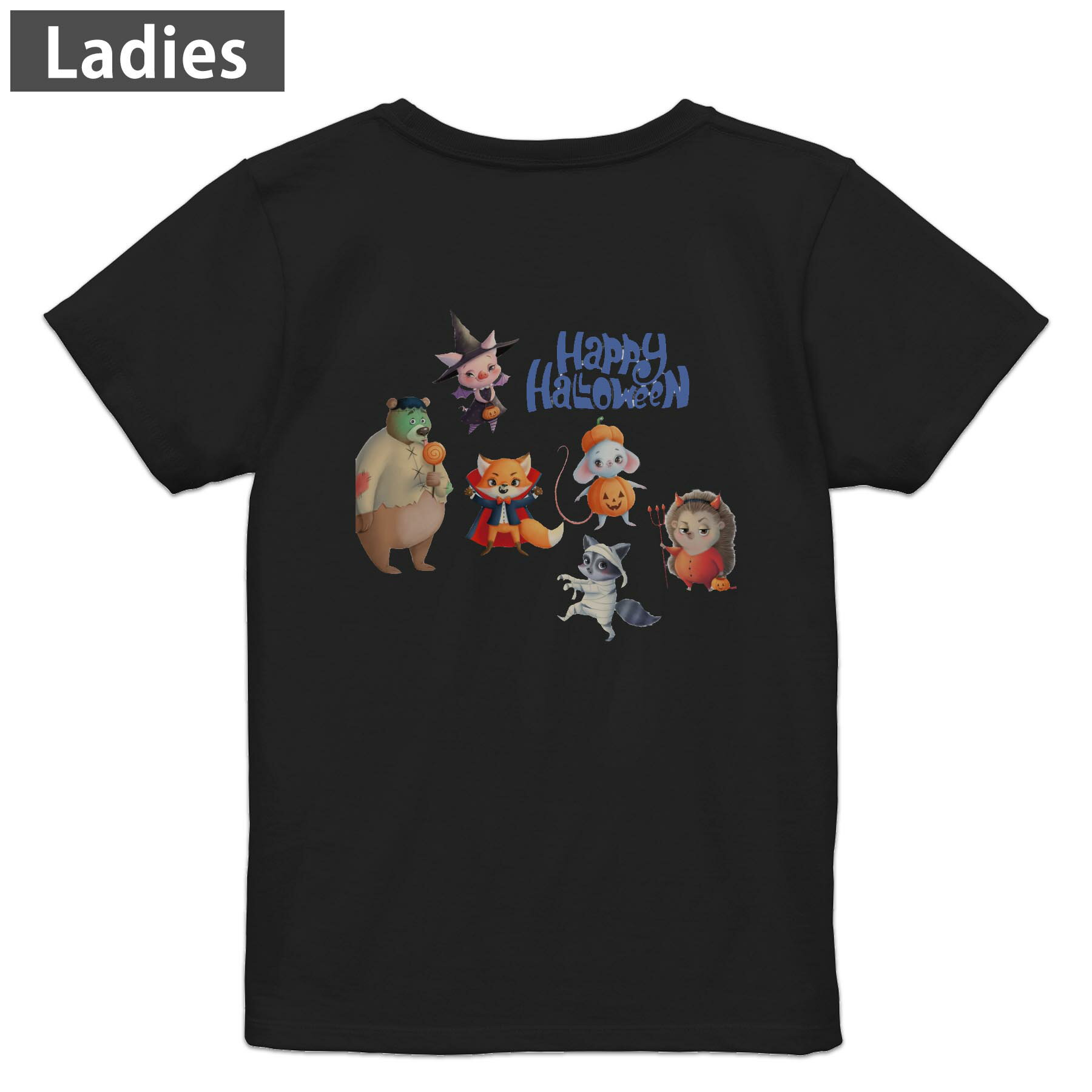 Tシャツ レディース バックプリント 半袖 ブラック 黒 デザイン M L tシャツ ティーシャツ T shirt 026142 動物 かわいい Halloween
