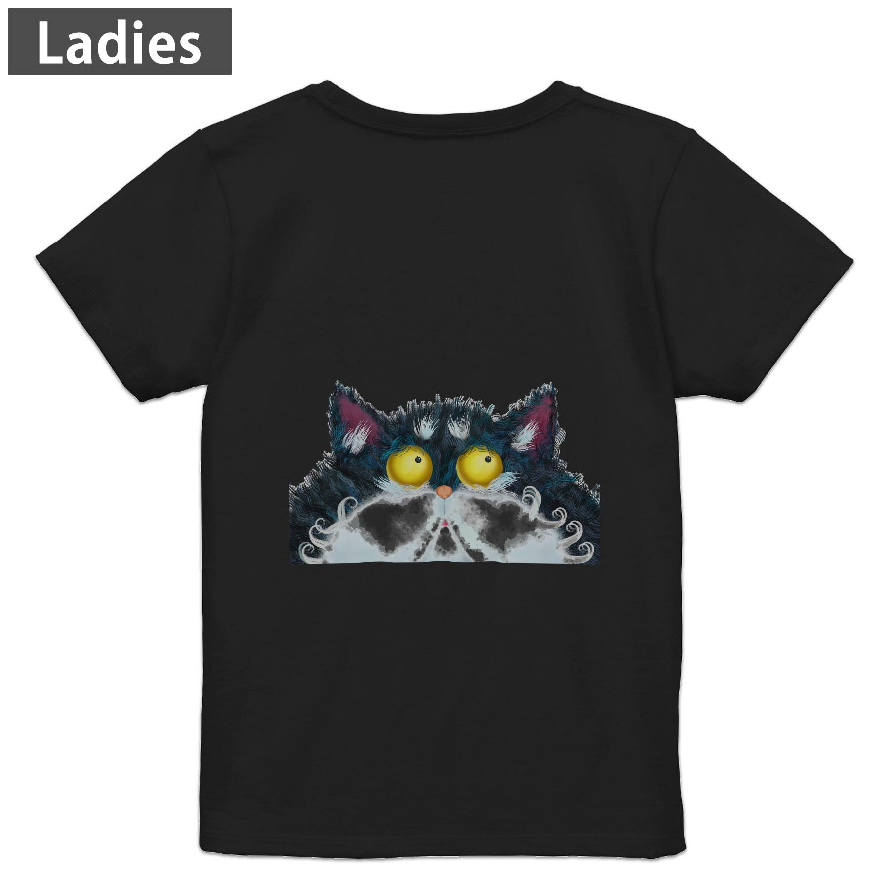 Tシャツ レディース バックプリント 半袖 ブラック 黒 デザイン M L tシャツ ティーシャツ T shirt 026172 動物　ネコ　猫