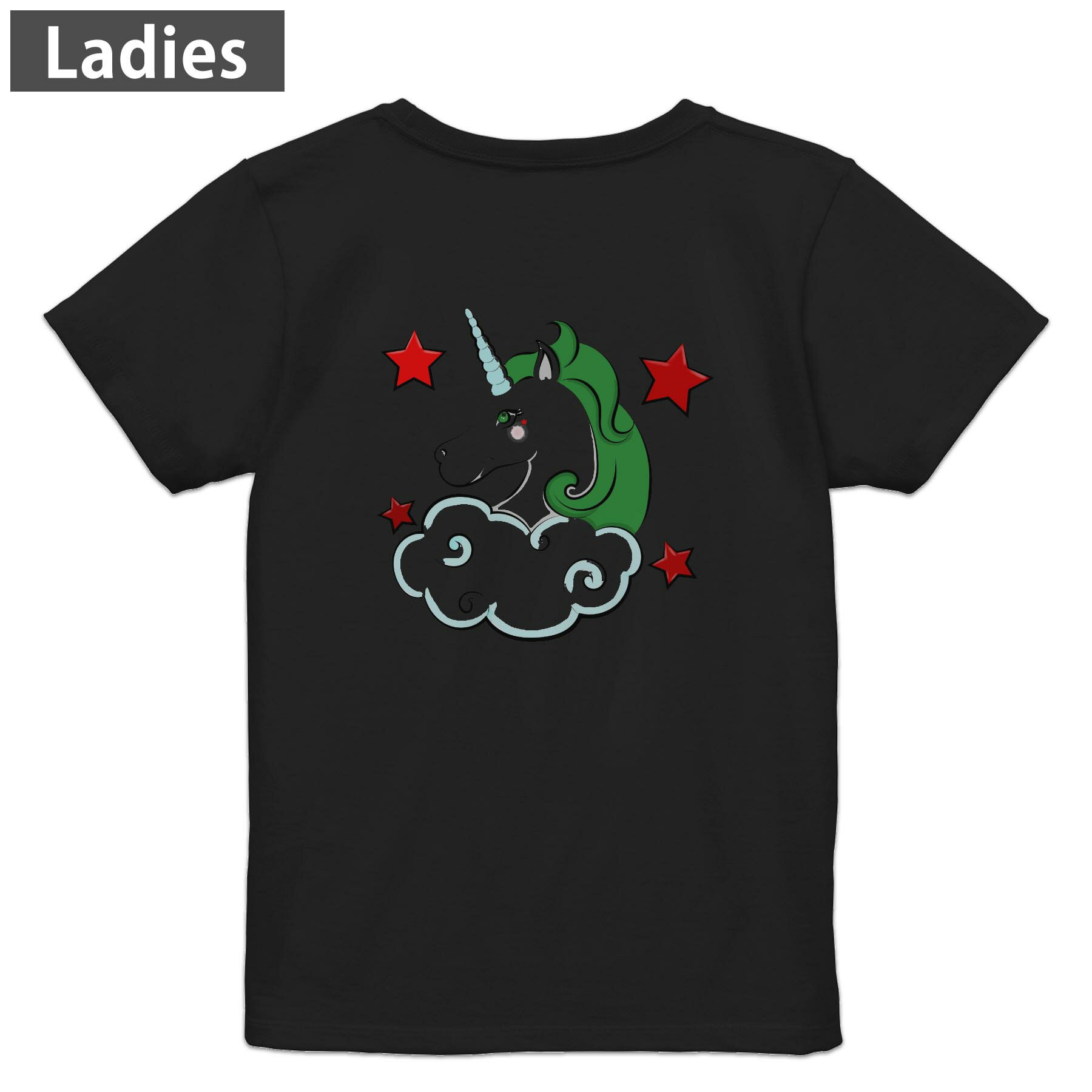 Print - Tシャツ レディース バックプリント 半袖 ブラック 黒 デザイン M L tシャツ ティーシャツ T shirt 026191 動物　星　ユニコーン　ペガサス