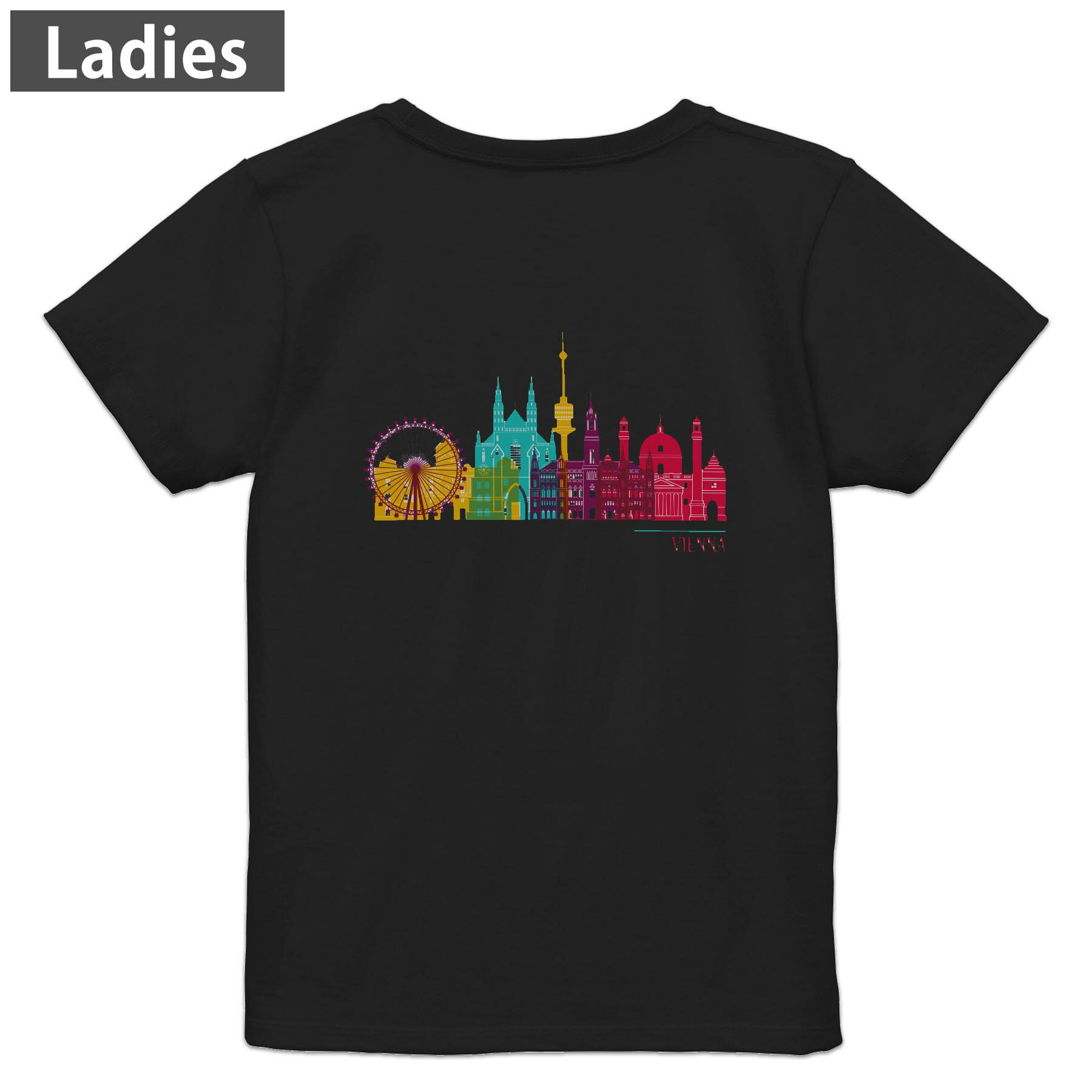 Print - Tシャツ レディース バックプリント 半袖 ブラック 黒 デザイン M L tシャツ ティーシャツ T shirt 031739 ウィーン 観覧車 オーストラリア
