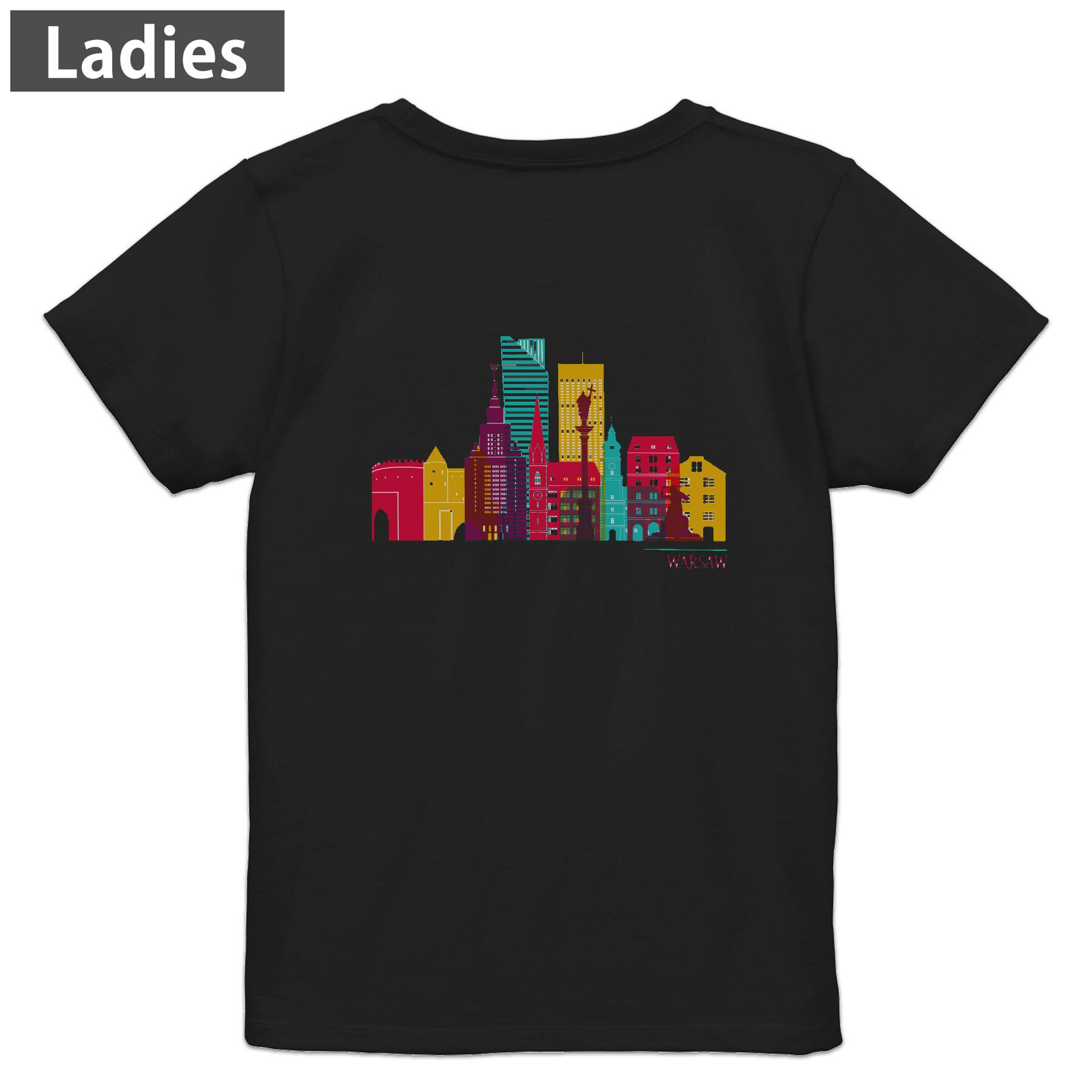 Print - Tシャツ レディース バックプリント 半袖 ブラック 黒 デザイン M L tシャツ ティーシャツ T shirt 031744 ワルシャワ おしゃれ ビル