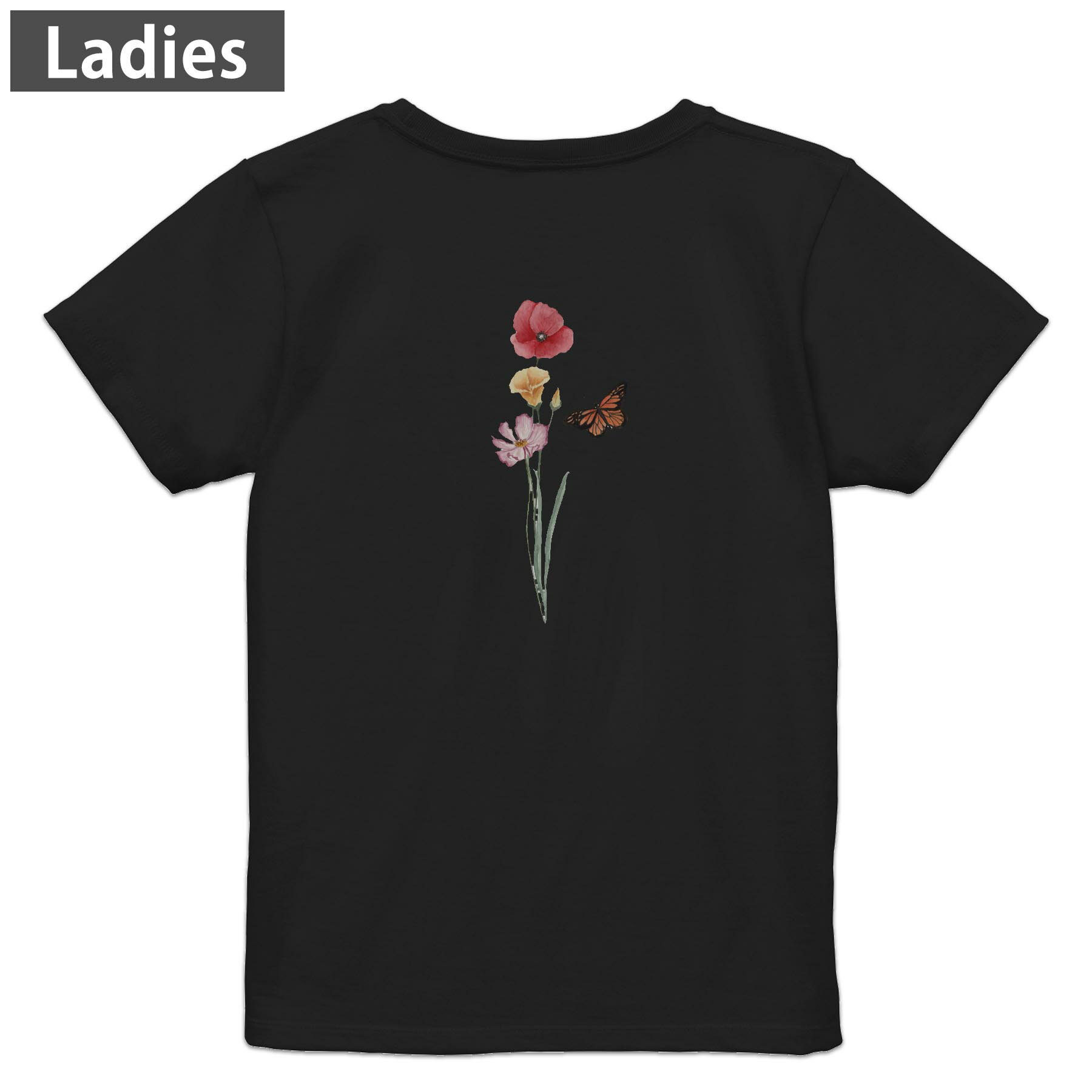 Print - Tシャツ レディース バックプリント 半袖 ブラック 黒 デザイン M L tシャツ ティーシャツ T shirt 031825 花 蝶々 フラワー