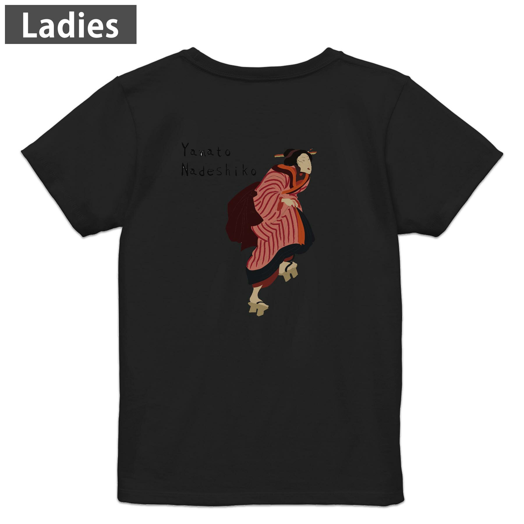 Print - Tシャツ レディース バックプリント 半袖 ブラック 黒 デザイン M L tシャツ ティーシャツ T shirt 032042 女性 日本 浮世絵
