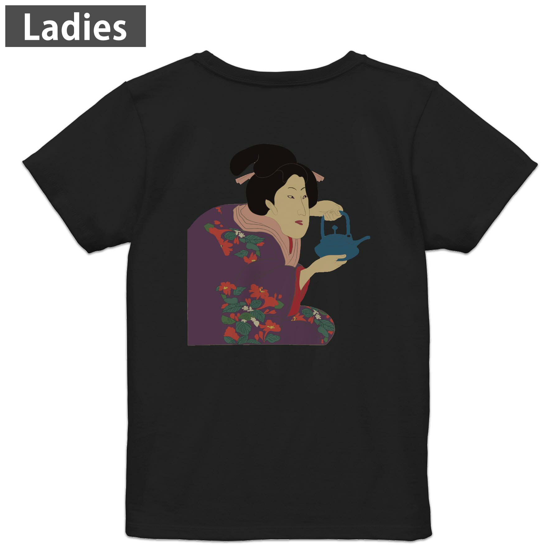 Print - Tシャツ レディース バックプリント 半袖 ブラック 黒 デザイン M L tシャツ ティーシャツ T shirt 032048 女性 浮世絵
