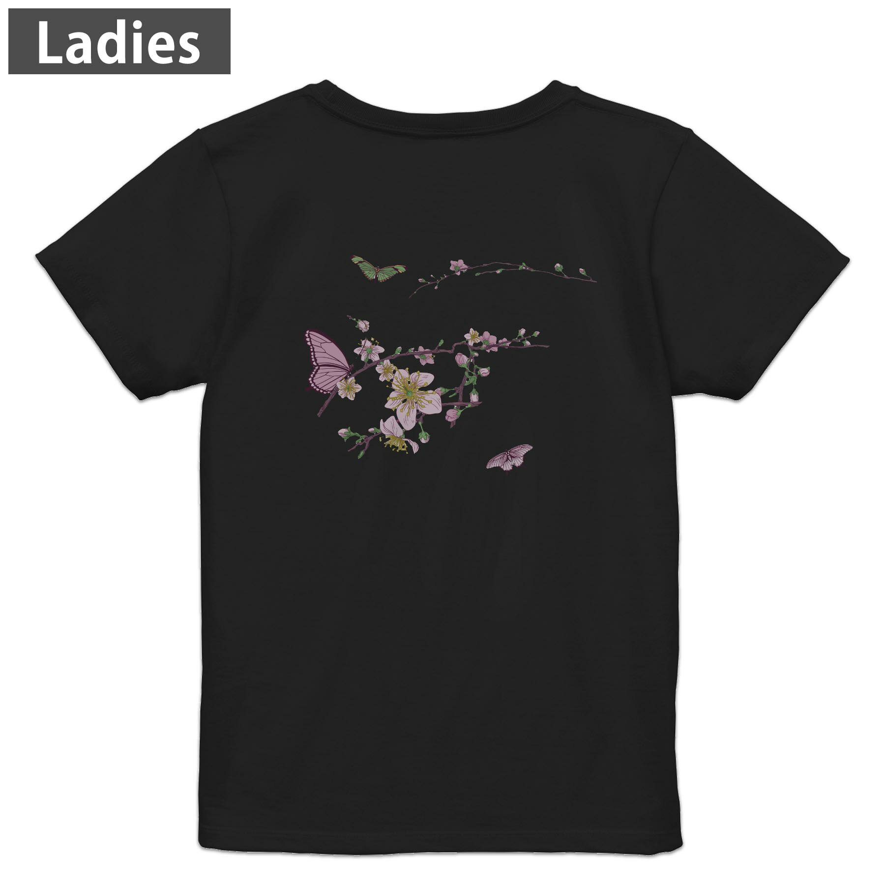 Other - Tシャツ レディース バックプリント 半袖 ブラック 黒 デザイン M L tシャツ ティーシャツ T shirt 032121 蝶々 フラワー イラスト
