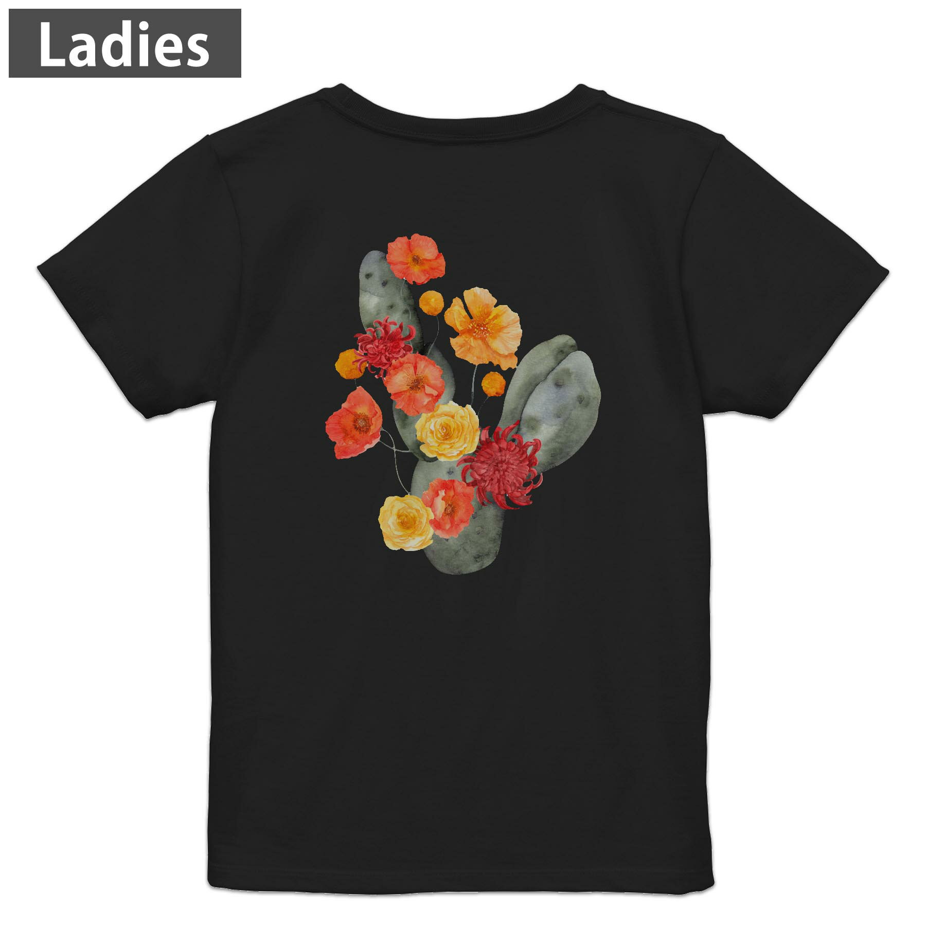 日式花纹 - Tシャツ レディース バックプリント 半袖 ブラック 黒 デザイン M L tシャツ ティーシャツ T shirt 032203 サボテン フラワー