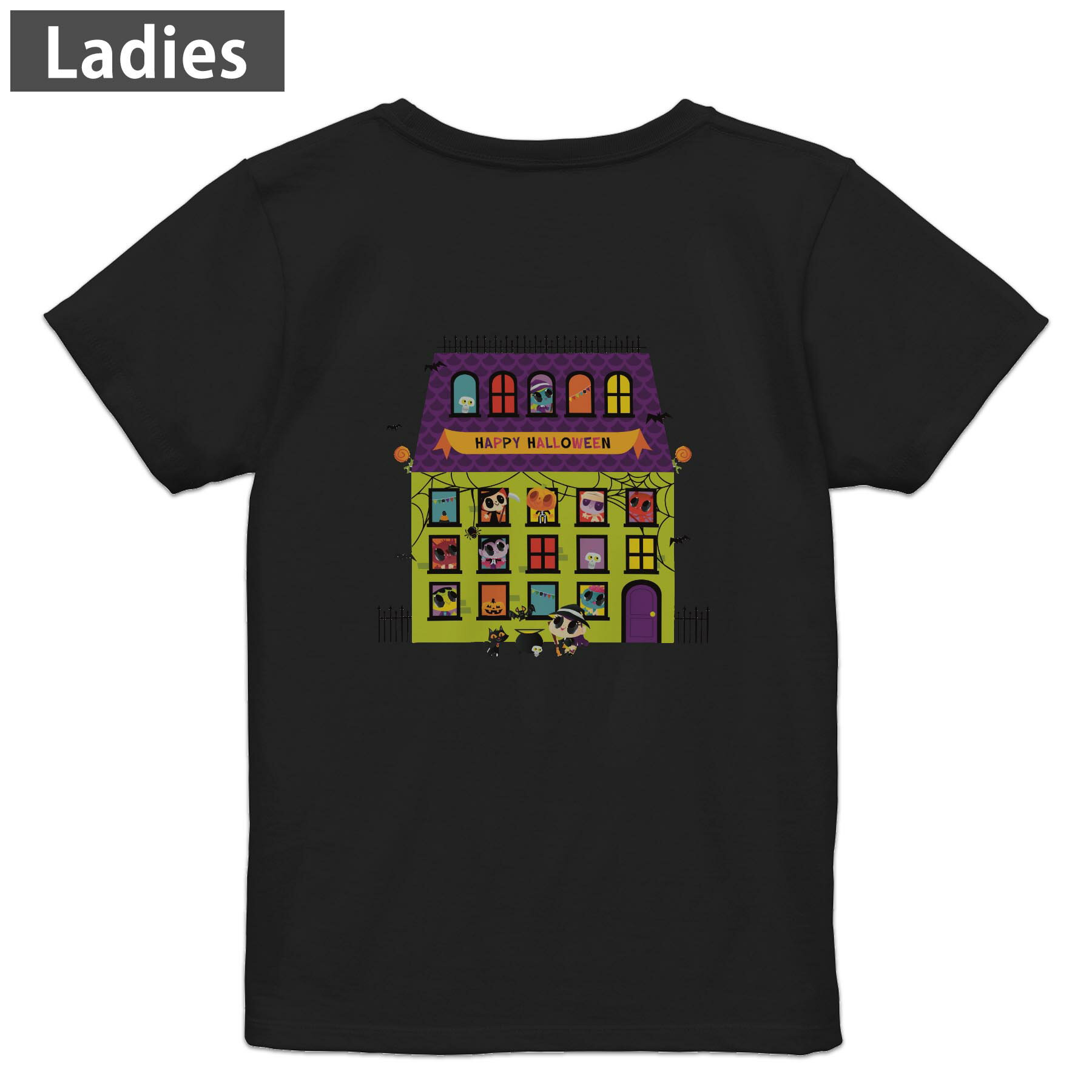 Print - Tシャツ レディース バックプリント 半袖 ブラック 黒 デザイン M L tシャツ ティーシャツ T shirt 032648 おばけの家