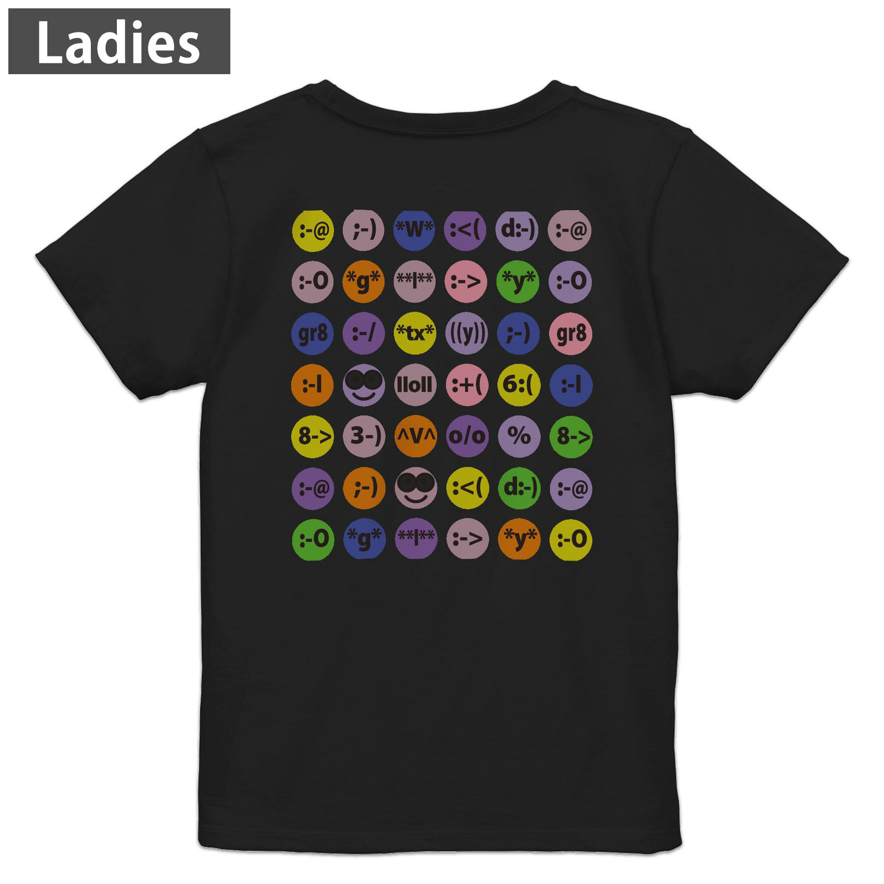 Character - Tシャツ レディース バックプリント 半袖 ブラック 黒 デザイン M L tシャツ ティーシャツ T shirt 004309 イラスト　キャラクター　カラフル
