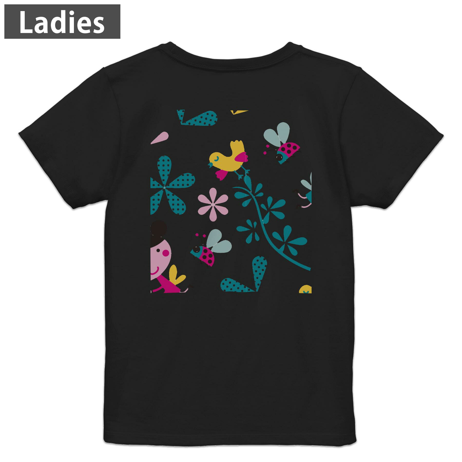 T-Shirts - Tシャツ レディース バックプリント 半袖 ブラック 黒 デザイン M L tシャツ ティーシャツ T shirt 004461 花　鳥　キャラクター