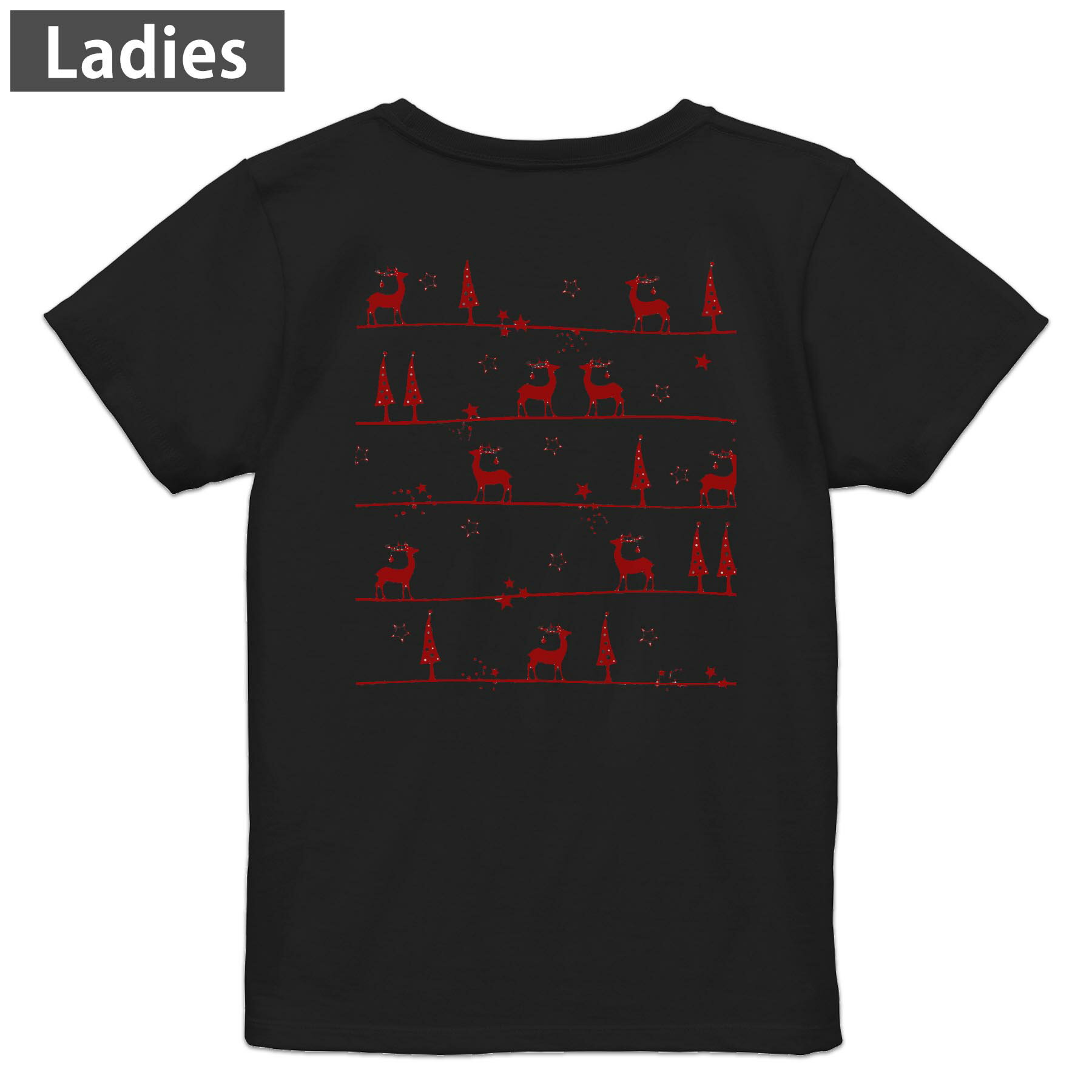 Print - Tシャツ レディース バックプリント 半袖 ブラック 黒 デザイン M L tシャツ ティーシャツ T shirt 005016 冬　クリスマス　ツリー