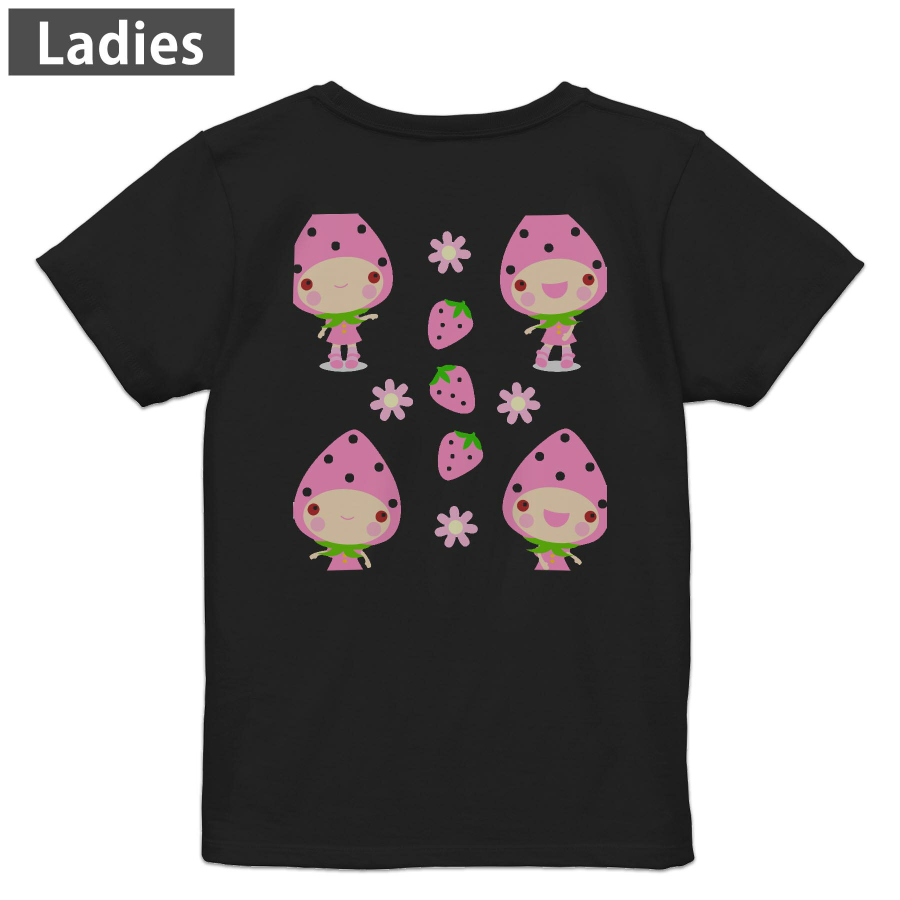 Tシャツ レディース バックプリント 半袖 ブラック 黒 デザイン M L tシャツ ティーシャツ T shirt 005101 苺　キャラクター　ピンク
