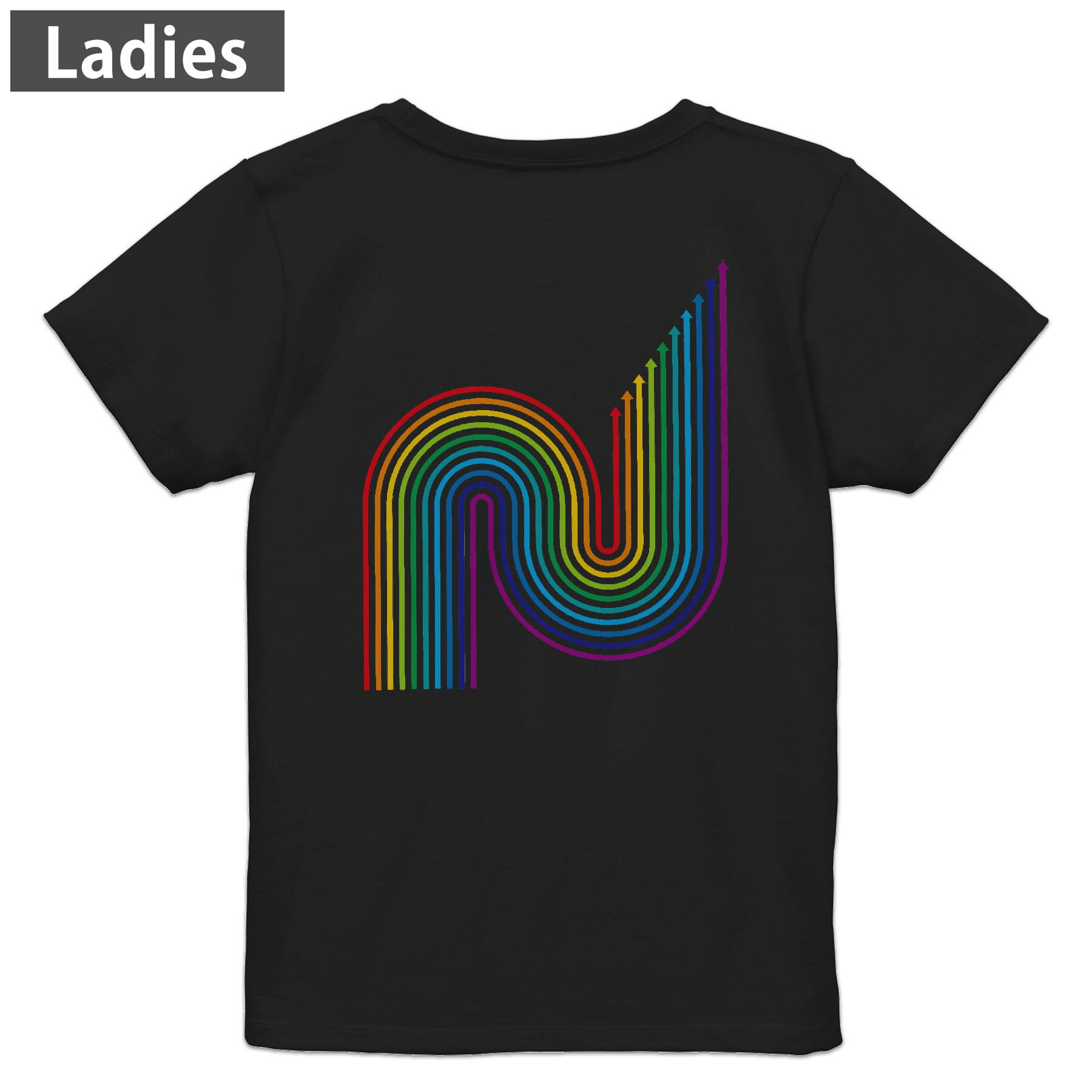 Print - Tシャツ レディース バックプリント 半袖 ブラック 黒 デザイン M L tシャツ ティーシャツ T shirt 005472 虹　レインボー