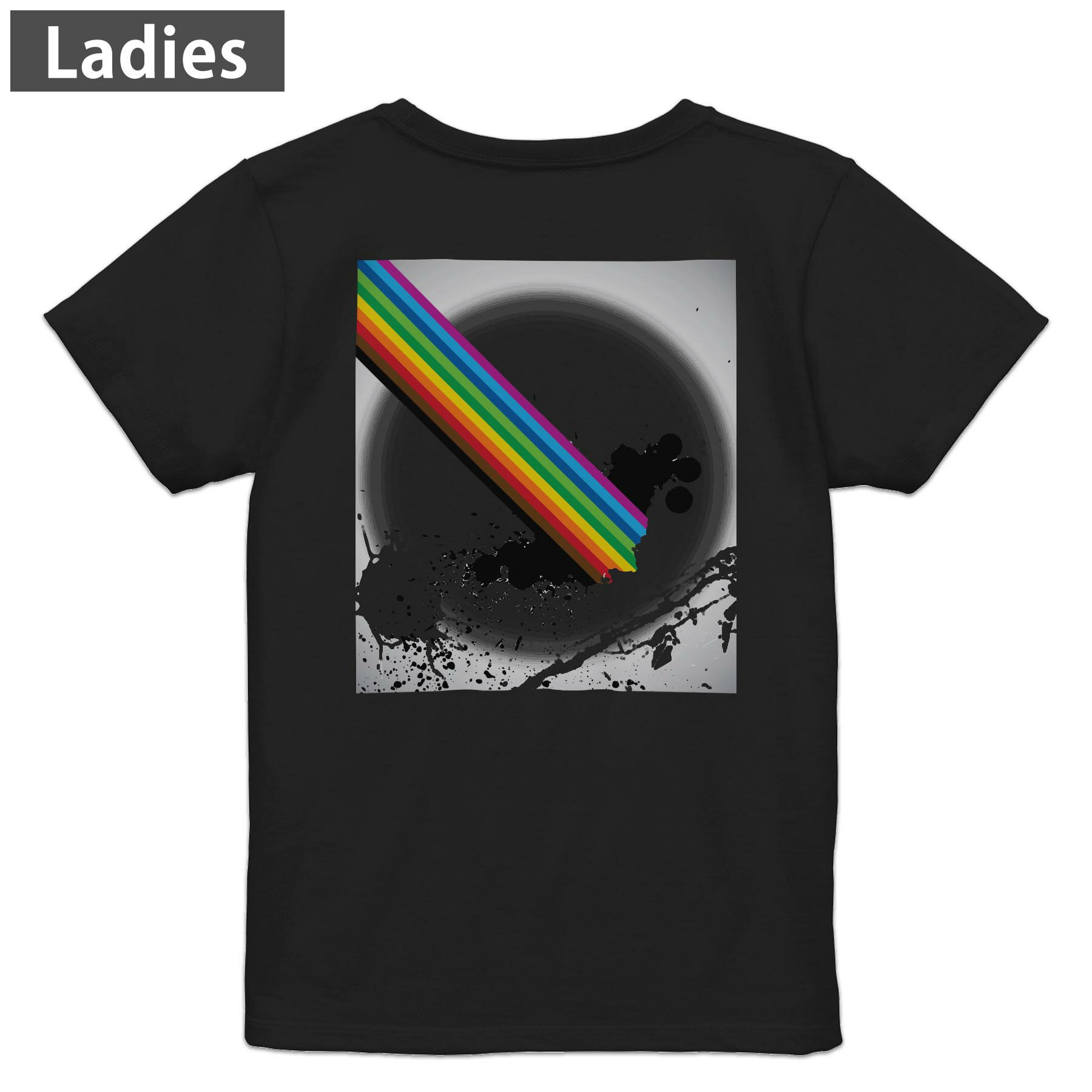 Tシャツ レディース バックプリント 半袖 ブラック 黒 デザイン M L tシャツ ティーシャツ T shirt 005853 虹　レインボー　インク　ペンキ(4.0)
