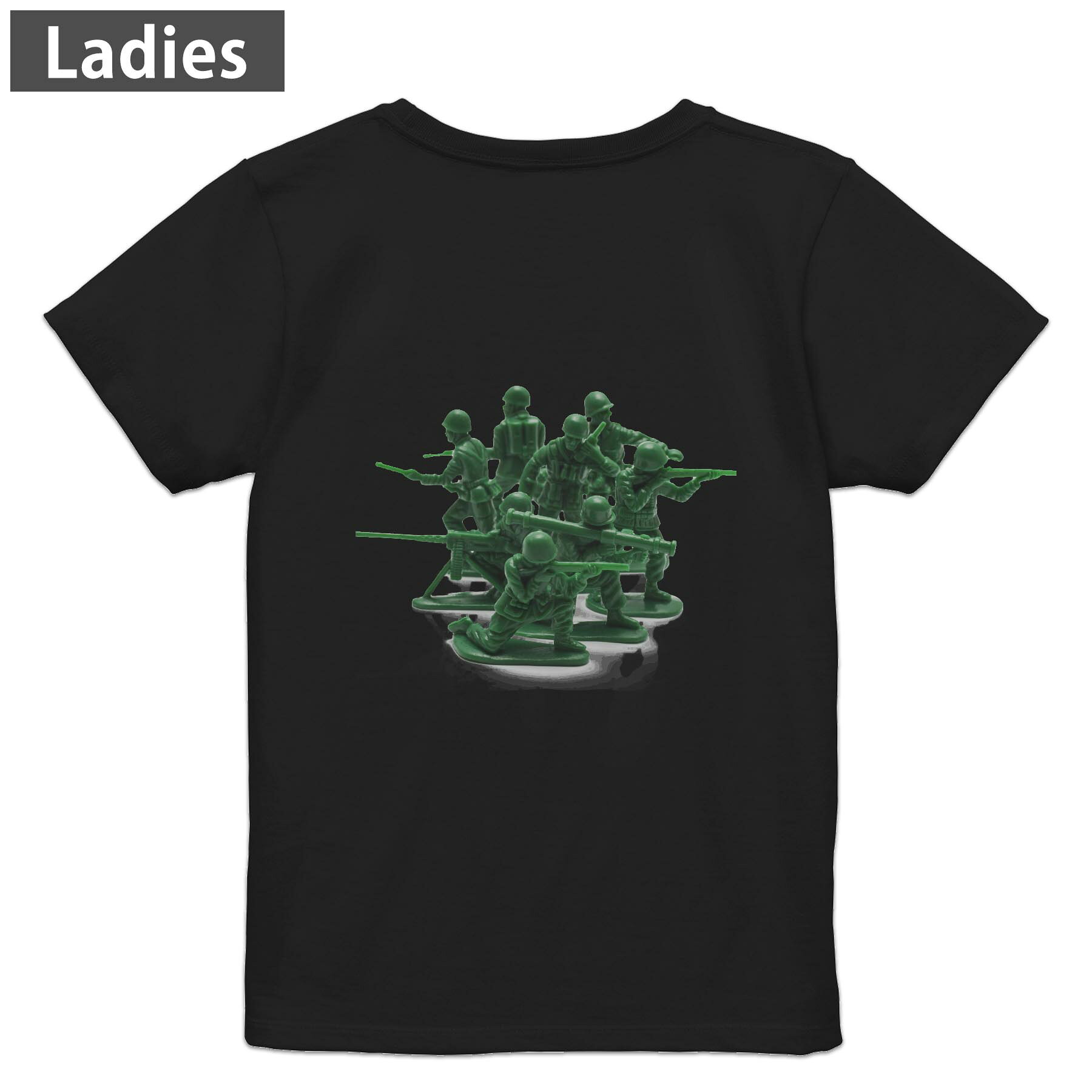 Tシャツ レディース バックプリント 半袖 ブラック 黒 デザイン M L tシャツ ティーシャツ T shirt 005972 写真　おもちゃ　兵隊