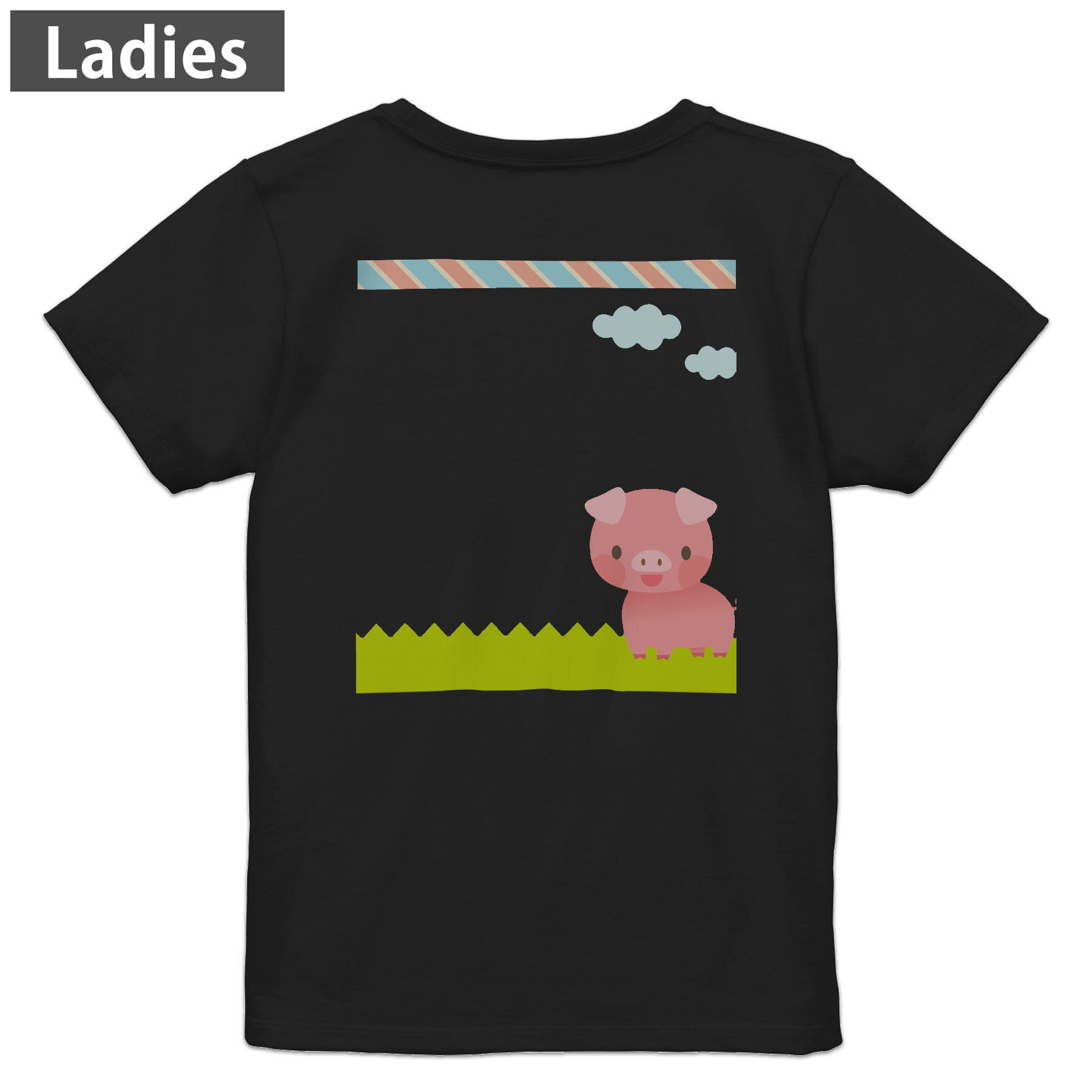 Tシャツ レディース バックプリント 半袖 ブラック 黒 デザイン M L tシャツ ティーシャツ T shirt 006830 ぶた　キャラクター(4)