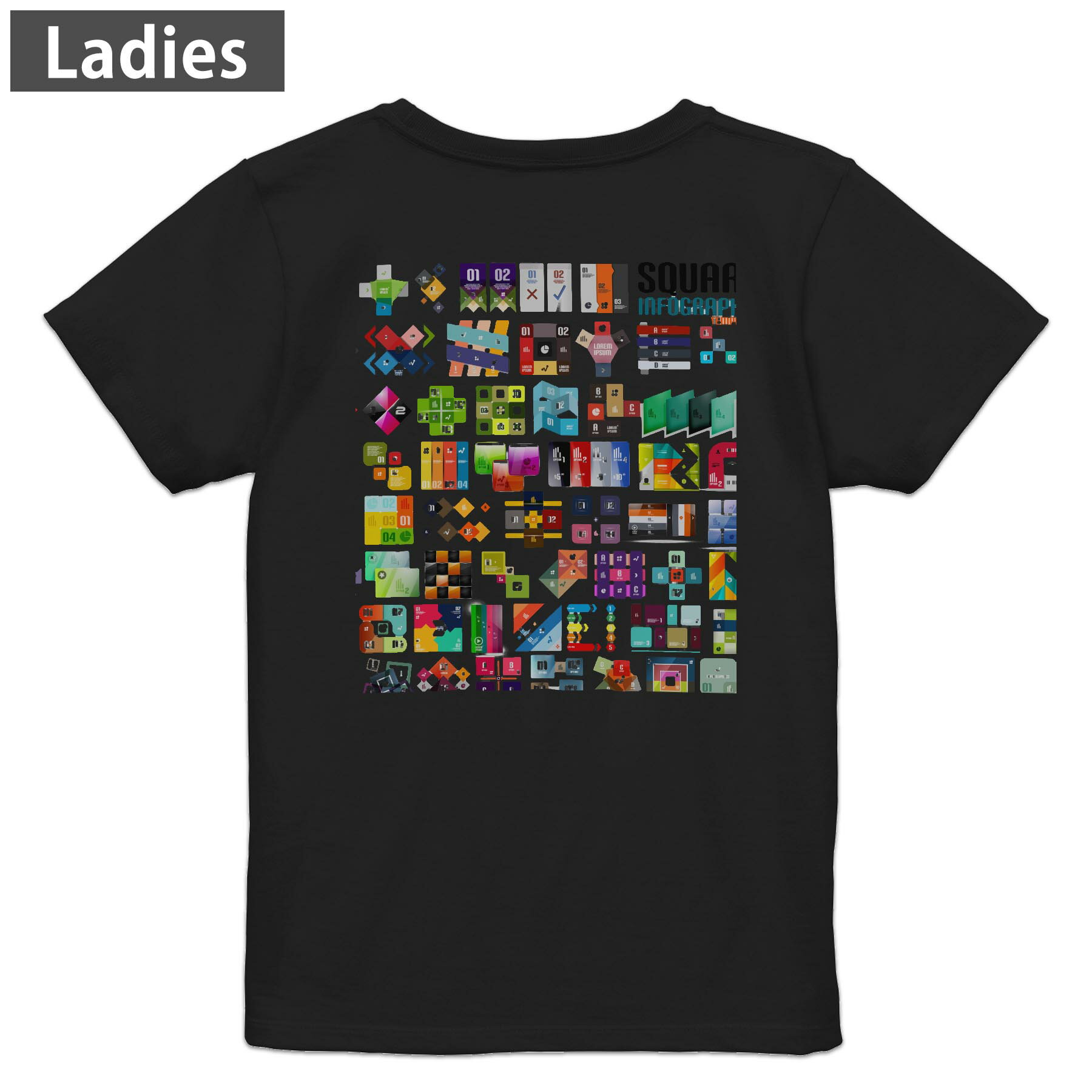 Print - Tシャツ レディース バックプリント 半袖 ブラック 黒 デザイン M L tシャツ ティーシャツ T shirt 008033 カラフル　数字　矢印　デザイン