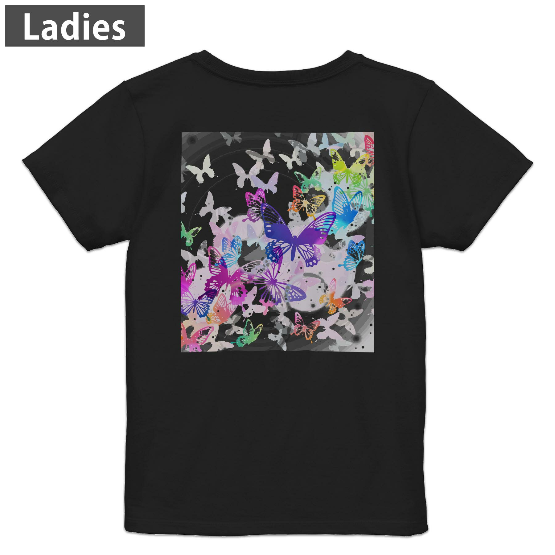 T-Shirts - Tシャツ レディース バックプリント 半袖 ブラック 黒 デザイン M L tシャツ ティーシャツ T shirt 008073 カラフル　レインボー　蝶