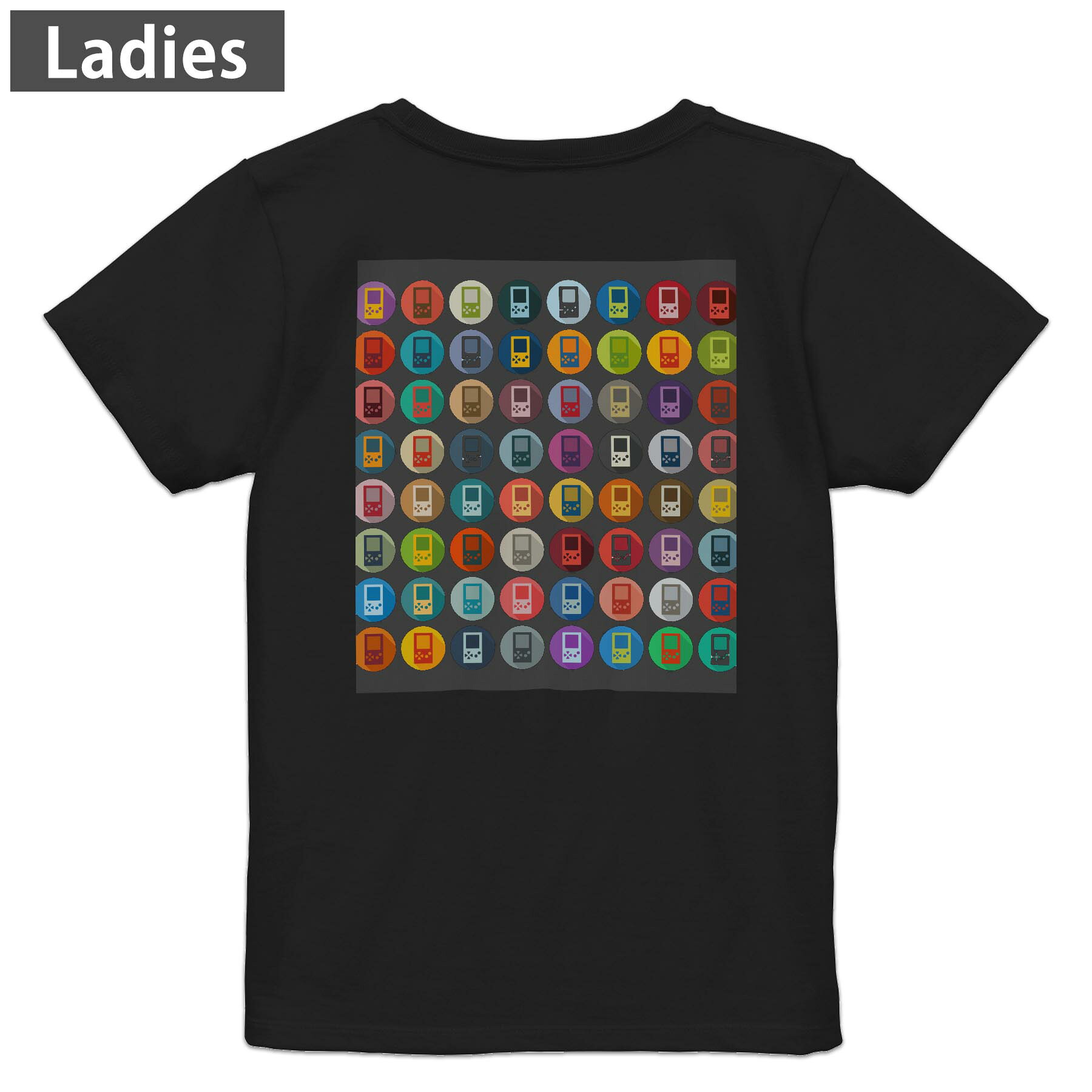 Tシャツ レディース バックプリント 半袖 ブラック 黒 デザイン M L tシャツ ティーシャツ T shirt 008810 模様　カラフル　ゲーム