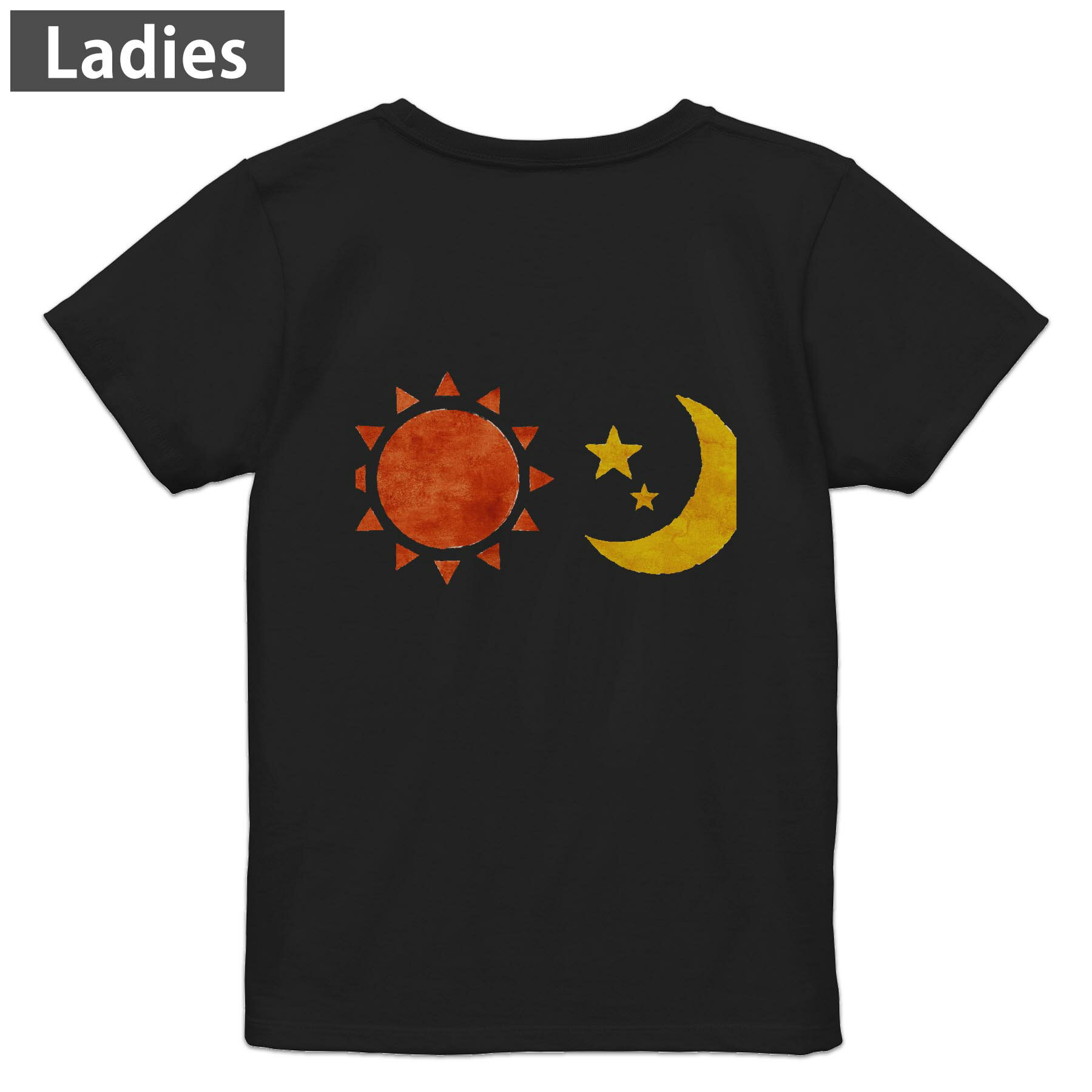 Tシャツ レディース バックプリント 半袖 ブラック 黒 デザイン M L tシャツ ティーシャツ T shirt 008832 イラスト 太陽 月