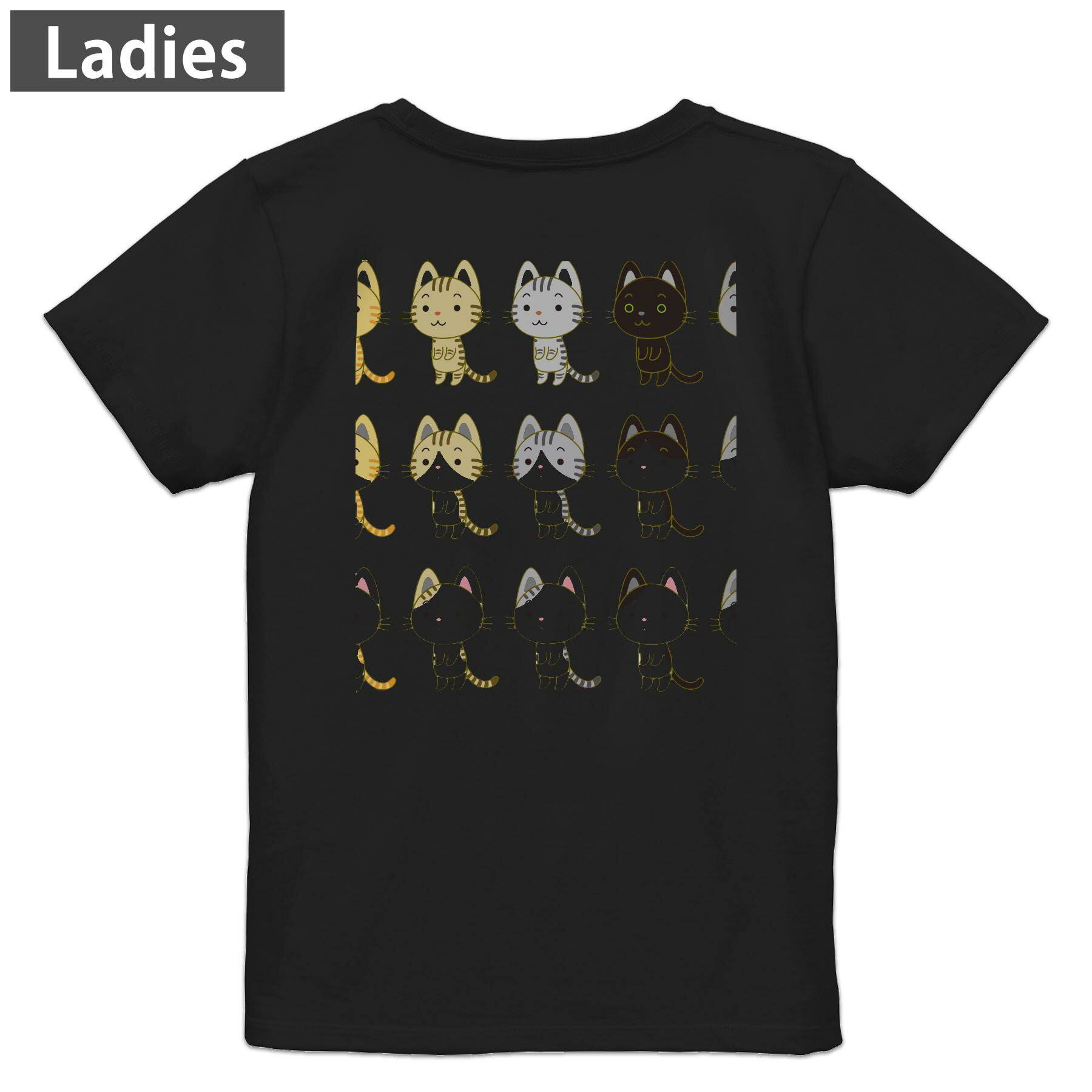 Print - Tシャツ レディース バックプリント 半袖 ブラック 黒 デザイン M L tシャツ ティーシャツ T shirt 008860 イラスト　ネコ　猫