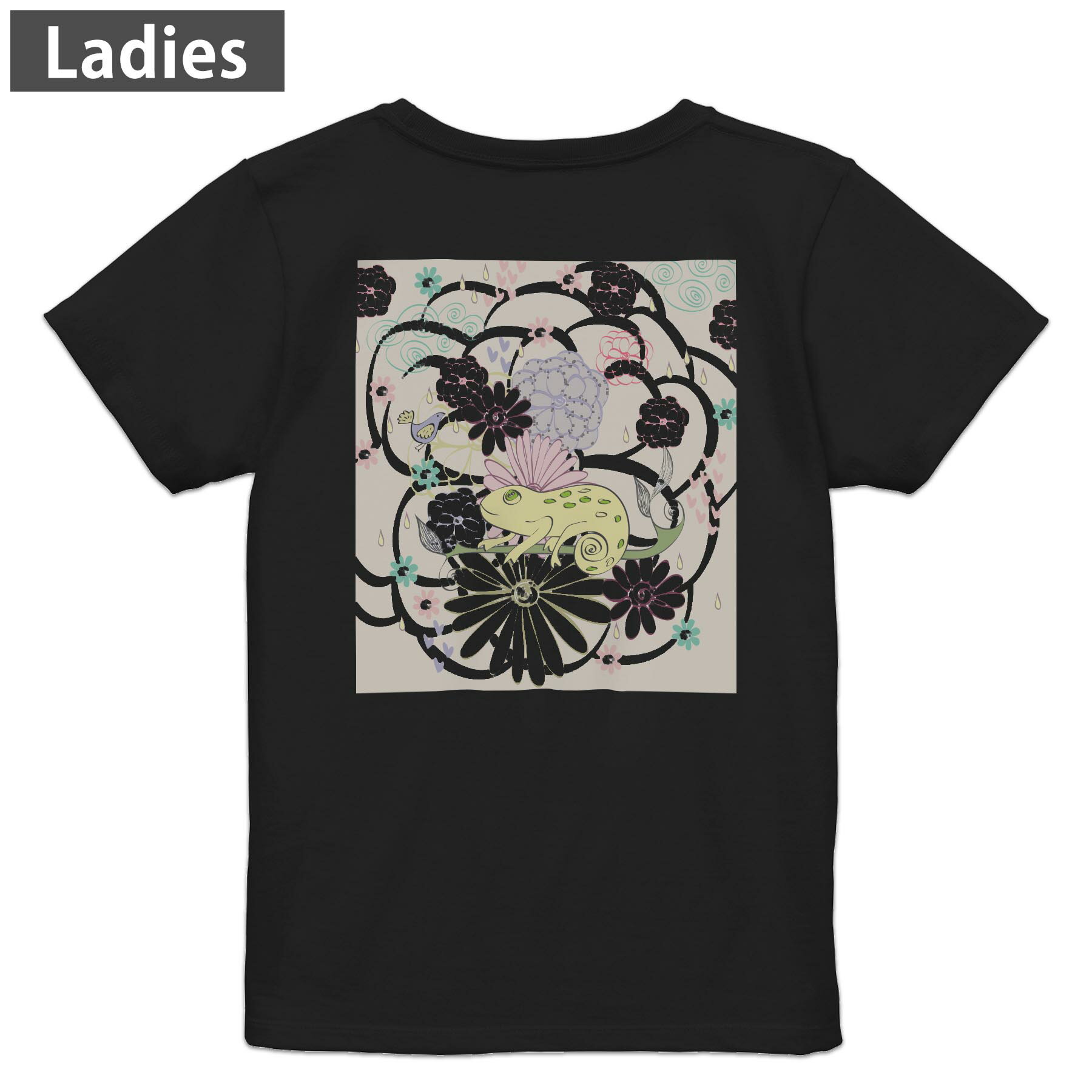Tシャツ レディース バックプリント 半袖 ブラック 黒 デザイン M L tシャツ ティーシャツ T shirt 008895 花 ピンク カメレオン