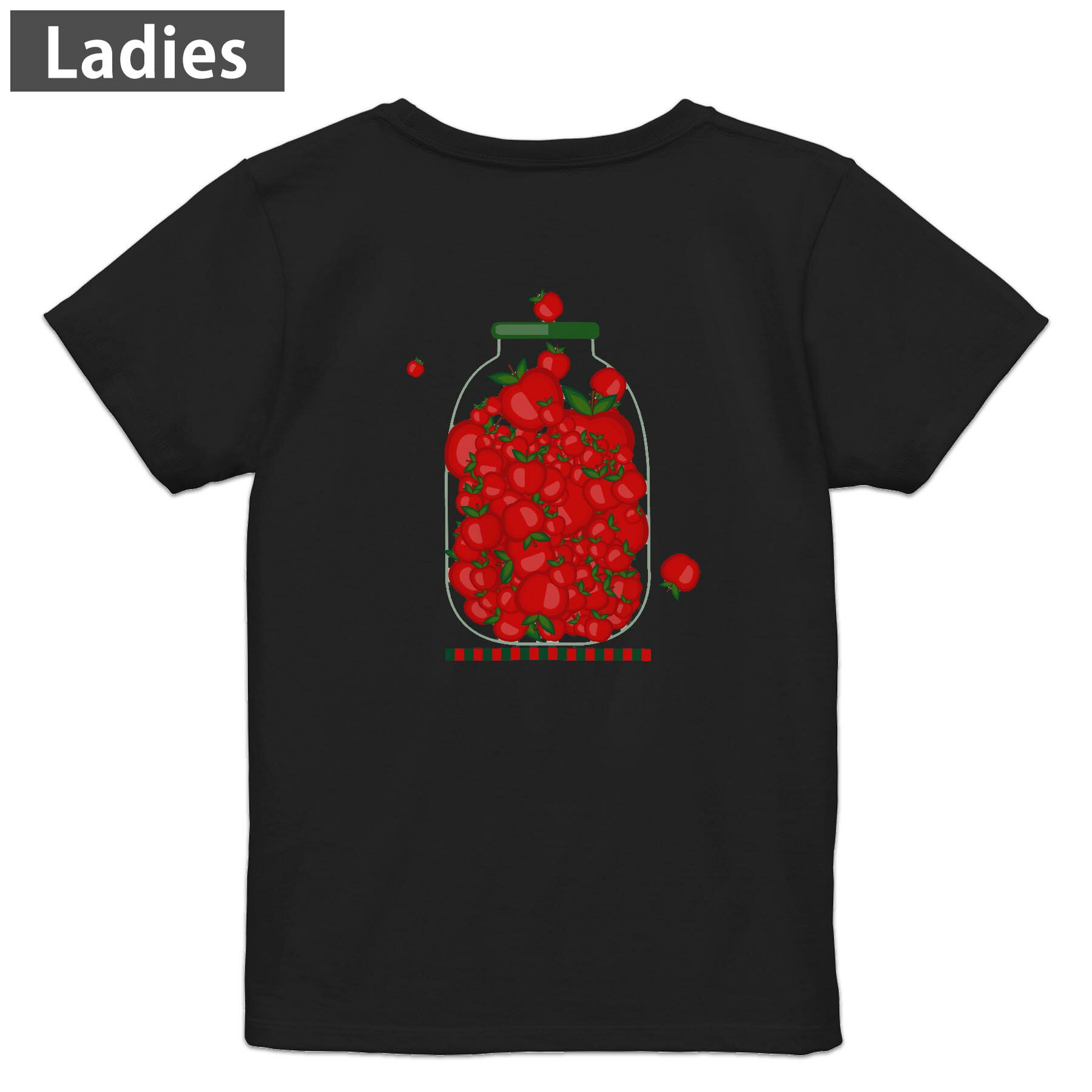 Three-Quarter - Tシャツ レディース バックプリント 半袖 ブラック 黒 デザイン M L tシャツ ティーシャツ T shirt 009174 果物　赤　リンゴ