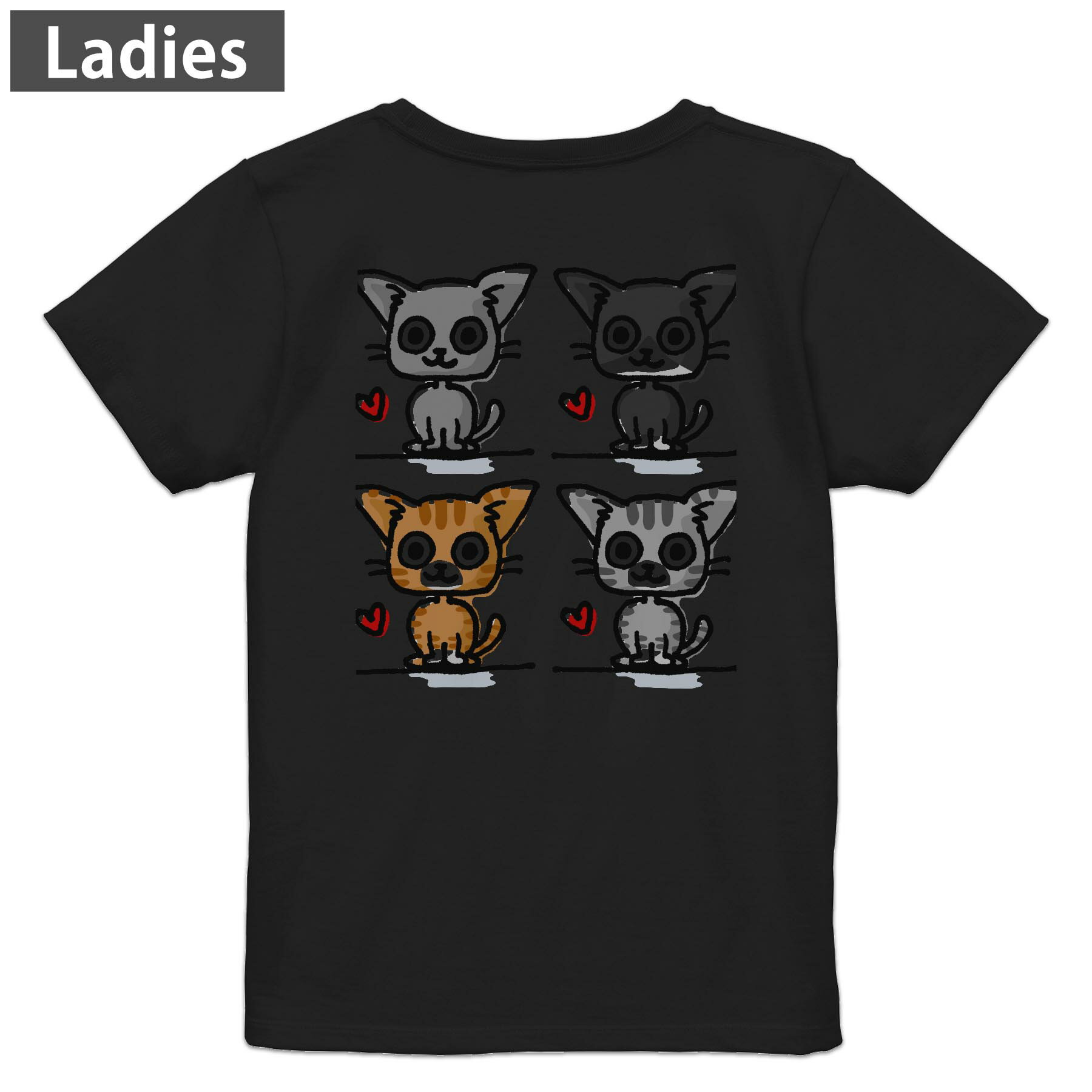 登场人物 - Tシャツ レディース バックプリント 半袖 ブラック 黒 デザイン M L tシャツ ティーシャツ T shirt 009216 キャラクター　動物　猫