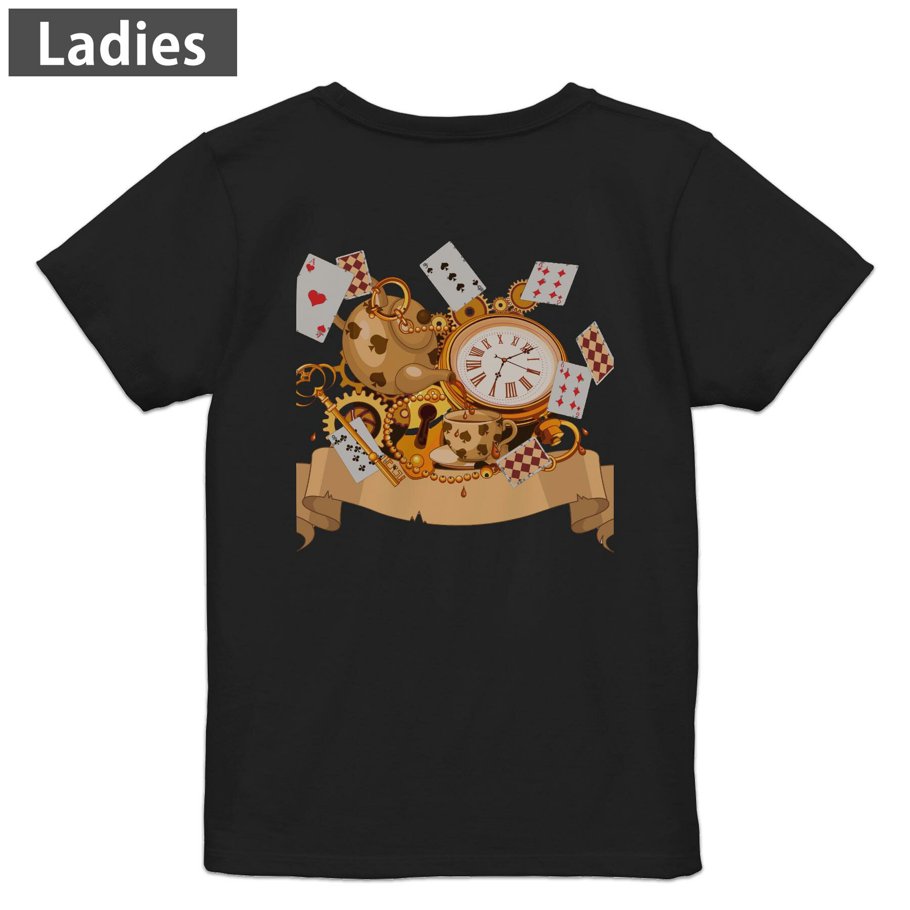 Tシャツ レディース バックプリント 半袖 ブラック 黒 デザイン M L tシャツ ティーシャツ T shirt 009263 トランプ ハート アンティーク