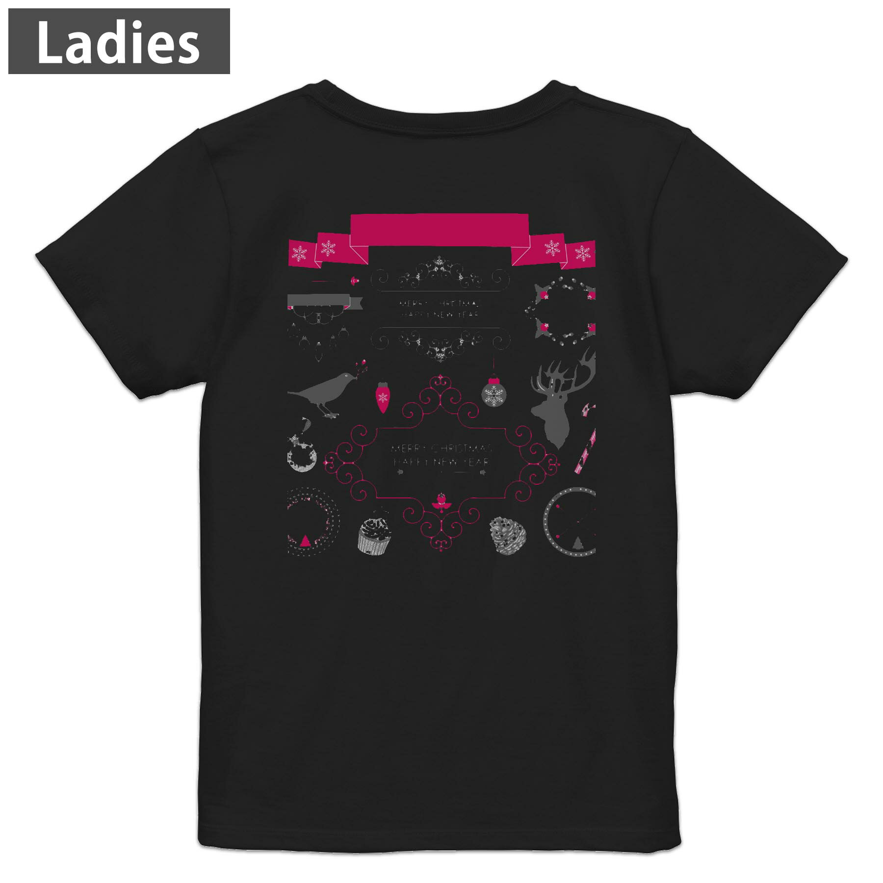Other - Tシャツ レディース バックプリント 半袖 ブラック 黒 デザイン M L tシャツ ティーシャツ T shirt 009277 クリスマス　動物　鳥