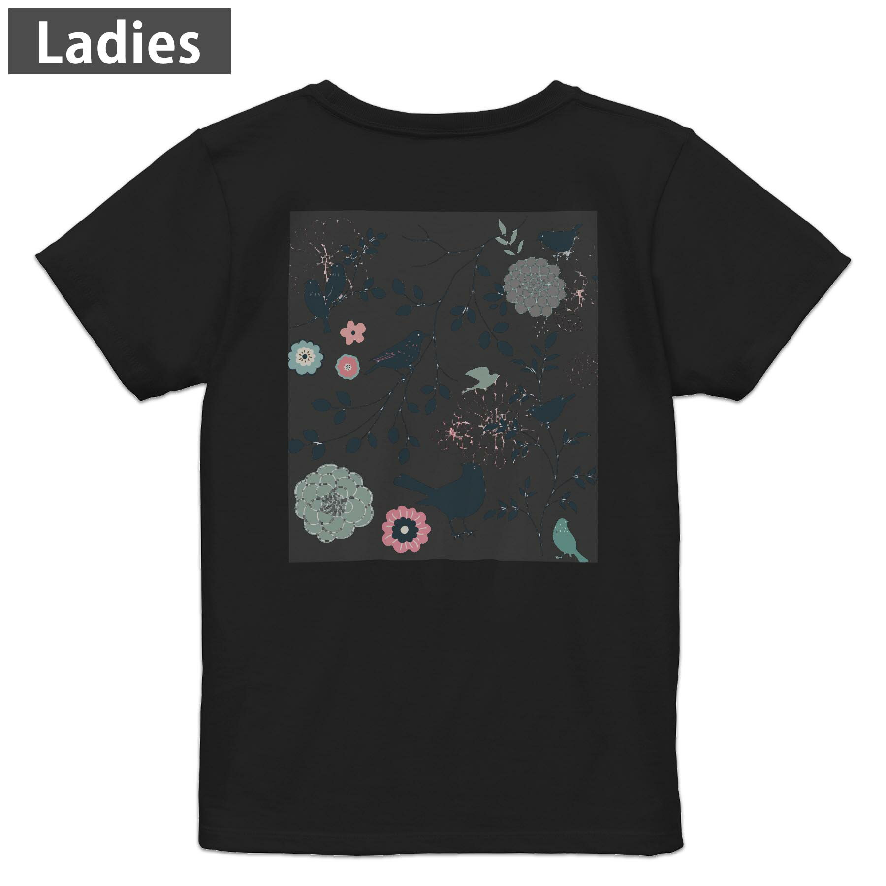 印花 - Tシャツ レディース バックプリント 半袖 ブラック 黒 デザイン M L tシャツ ティーシャツ T shirt 009290 鳥　動物　植物