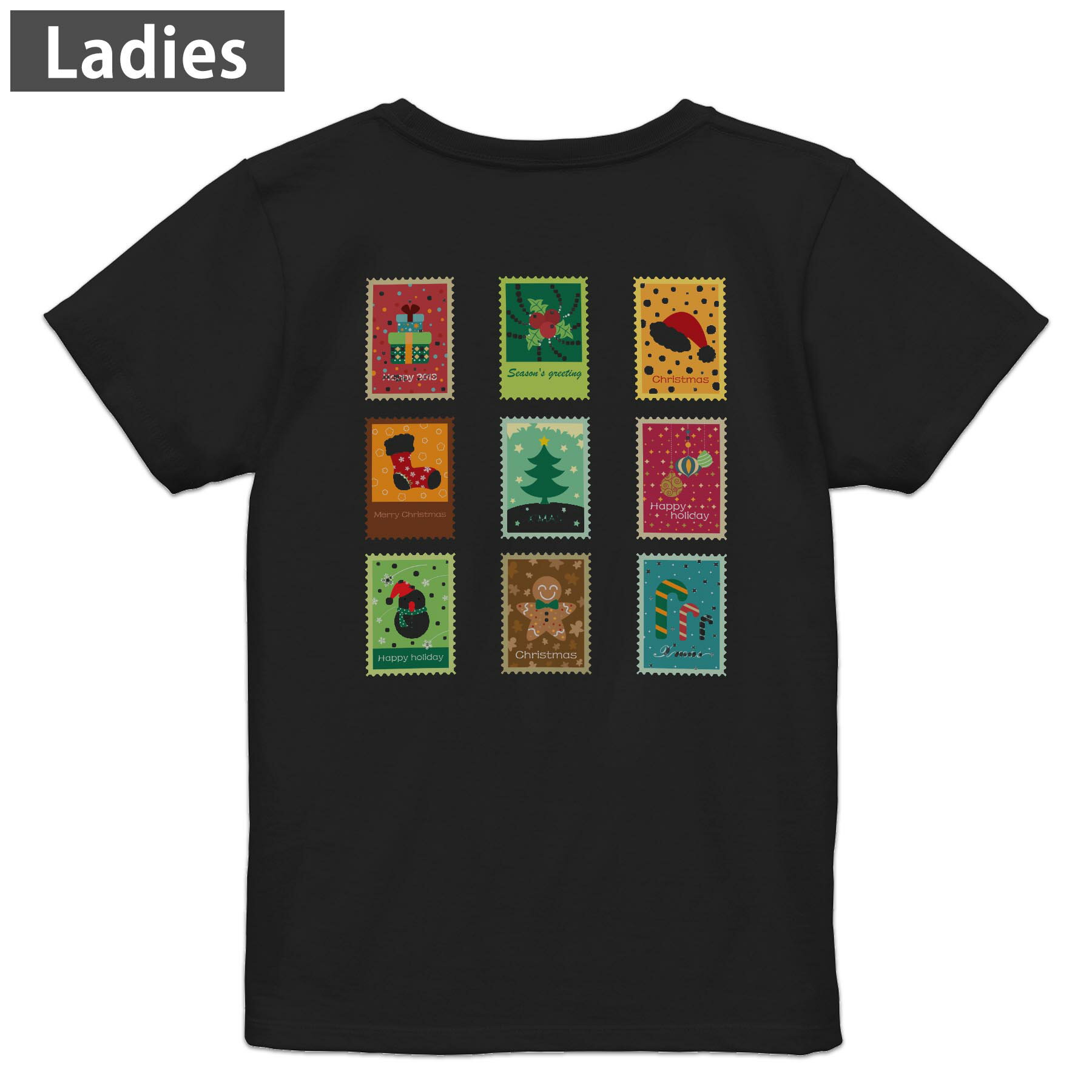Print - Tシャツ レディース バックプリント 半袖 ブラック 黒 デザイン M L tシャツ ティーシャツ T shirt 009422 クリスマス　冬　ツリー