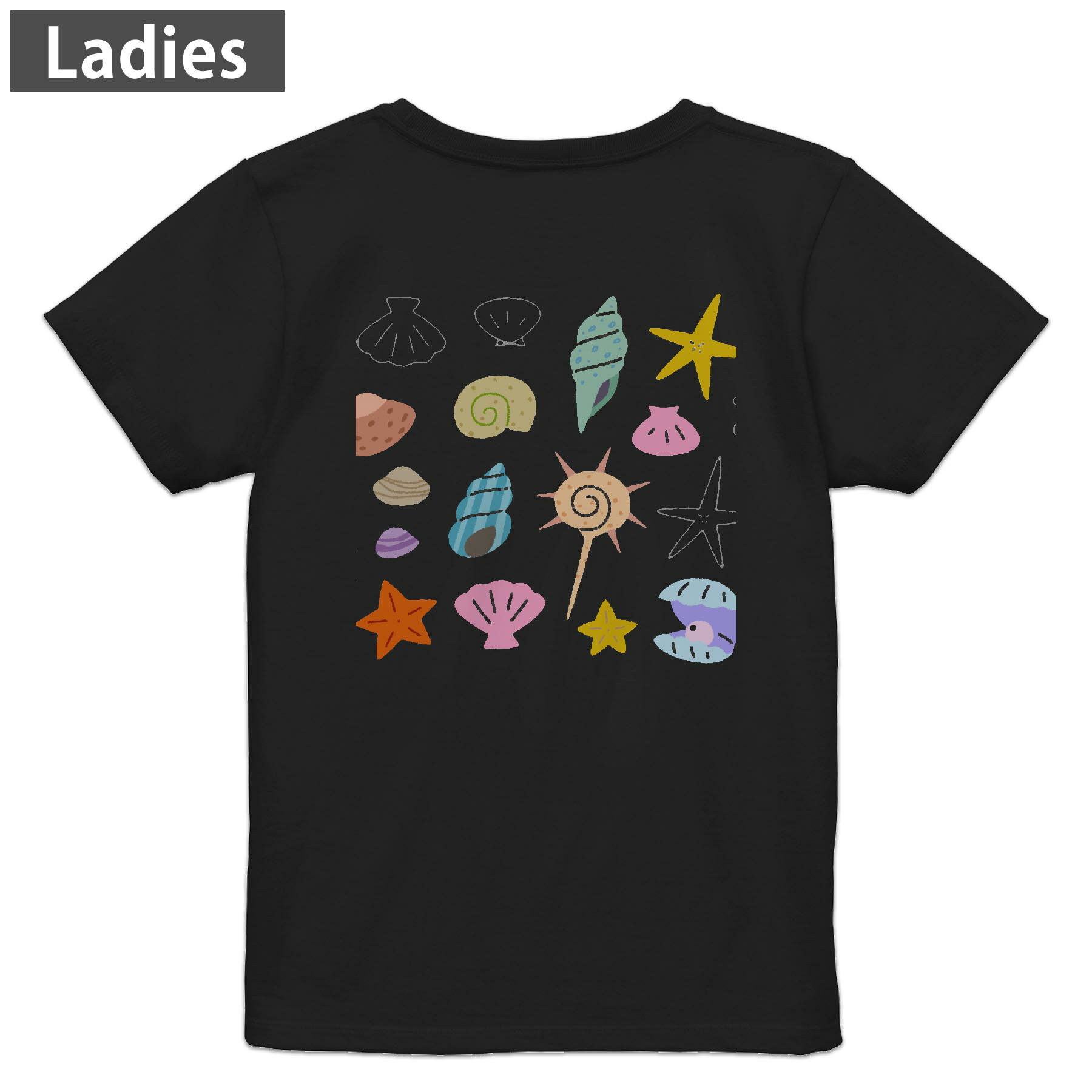 Other - Tシャツ レディース バックプリント 半袖 ブラック 黒 デザイン M L tシャツ ティーシャツ T shirt 009429 海　貝殻　カラフル