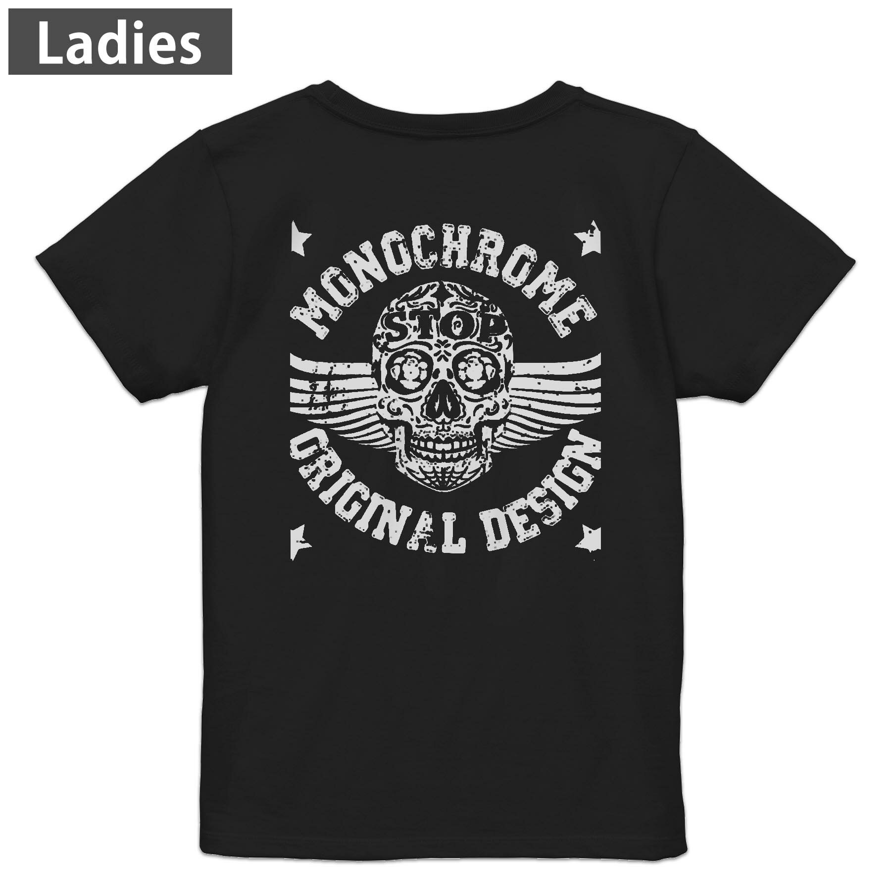 Tシャツ レディース バックプリント 半袖 ブラック 黒 デザイン M L tシャツ ティーシャツ T shirt 009435 英語　ドクロ　星