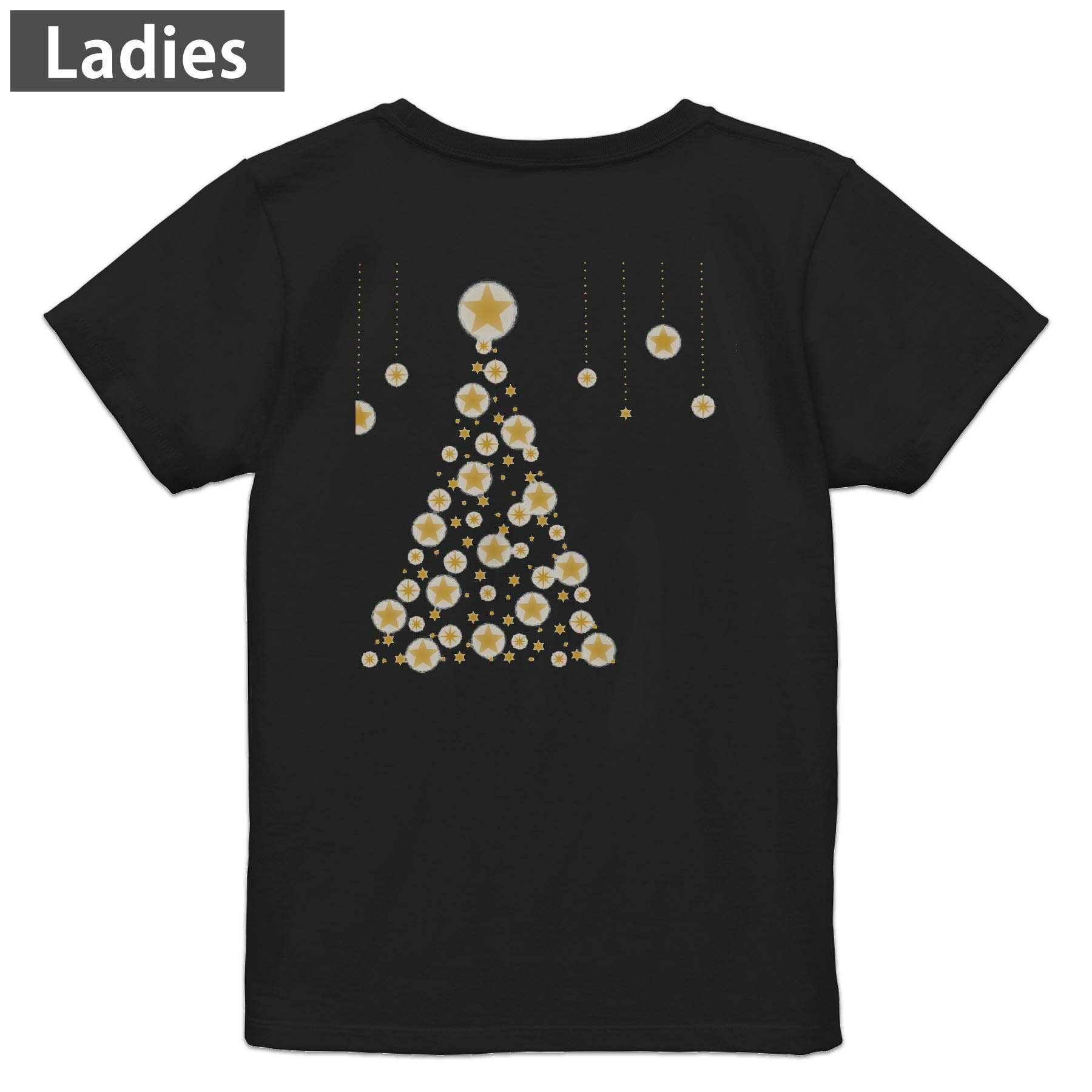 Tシャツ レディース バックプリント 半袖 ブラック 黒 デザイン M L tシャツ ティーシャツ T shirt 009490 クリスマス ツリー 星