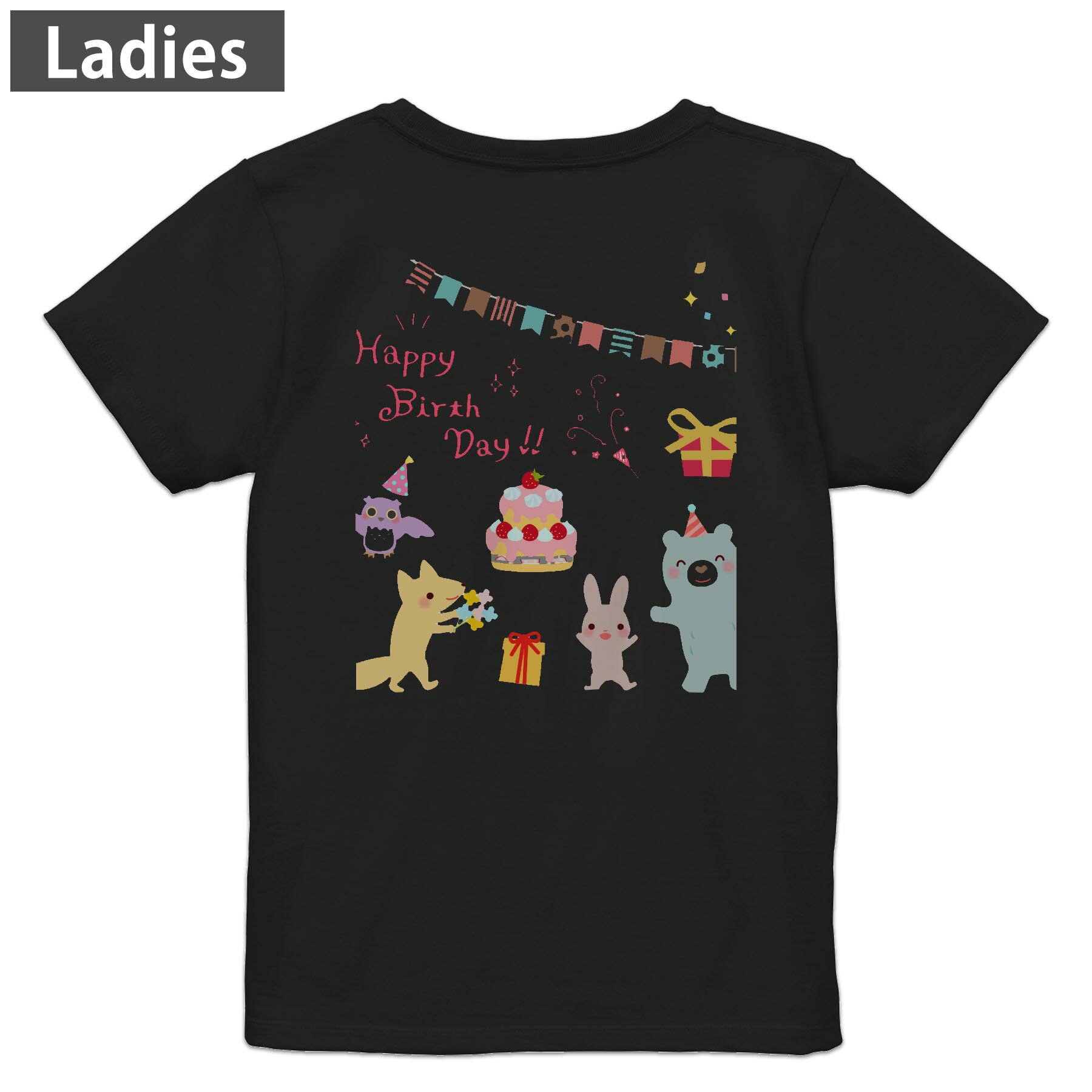 Print - Tシャツ レディース バックプリント 半袖 ブラック 黒 デザイン M L tシャツ ティーシャツ T shirt 009520 バースデー　パーティー　動物