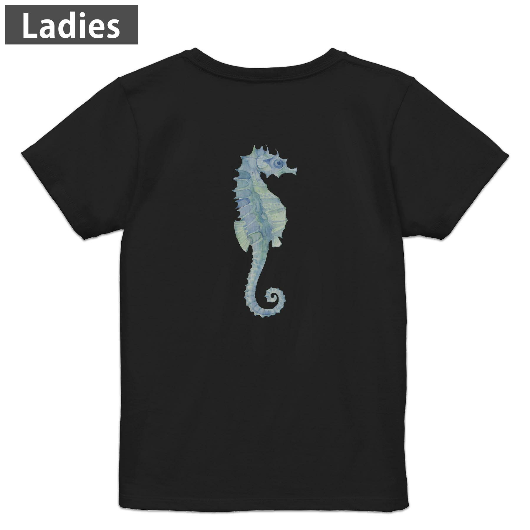 Print - Tシャツ レディース バックプリント 半袖 ブラック 黒 デザイン M L tシャツ ティーシャツ T shirt 009604 動物　色彩　青