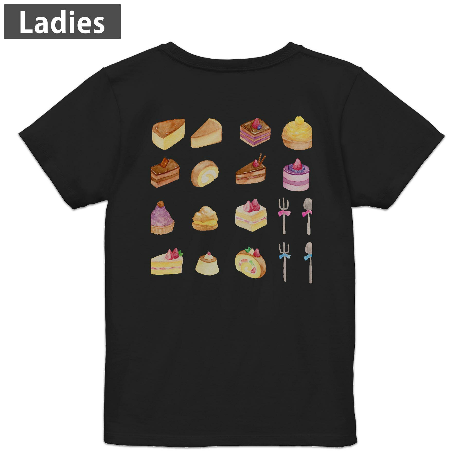 Three-Quarter - Tシャツ レディース バックプリント 半袖 ブラック 黒 デザイン M L tシャツ ティーシャツ T shirt 009633 デザート　食べ物　水彩