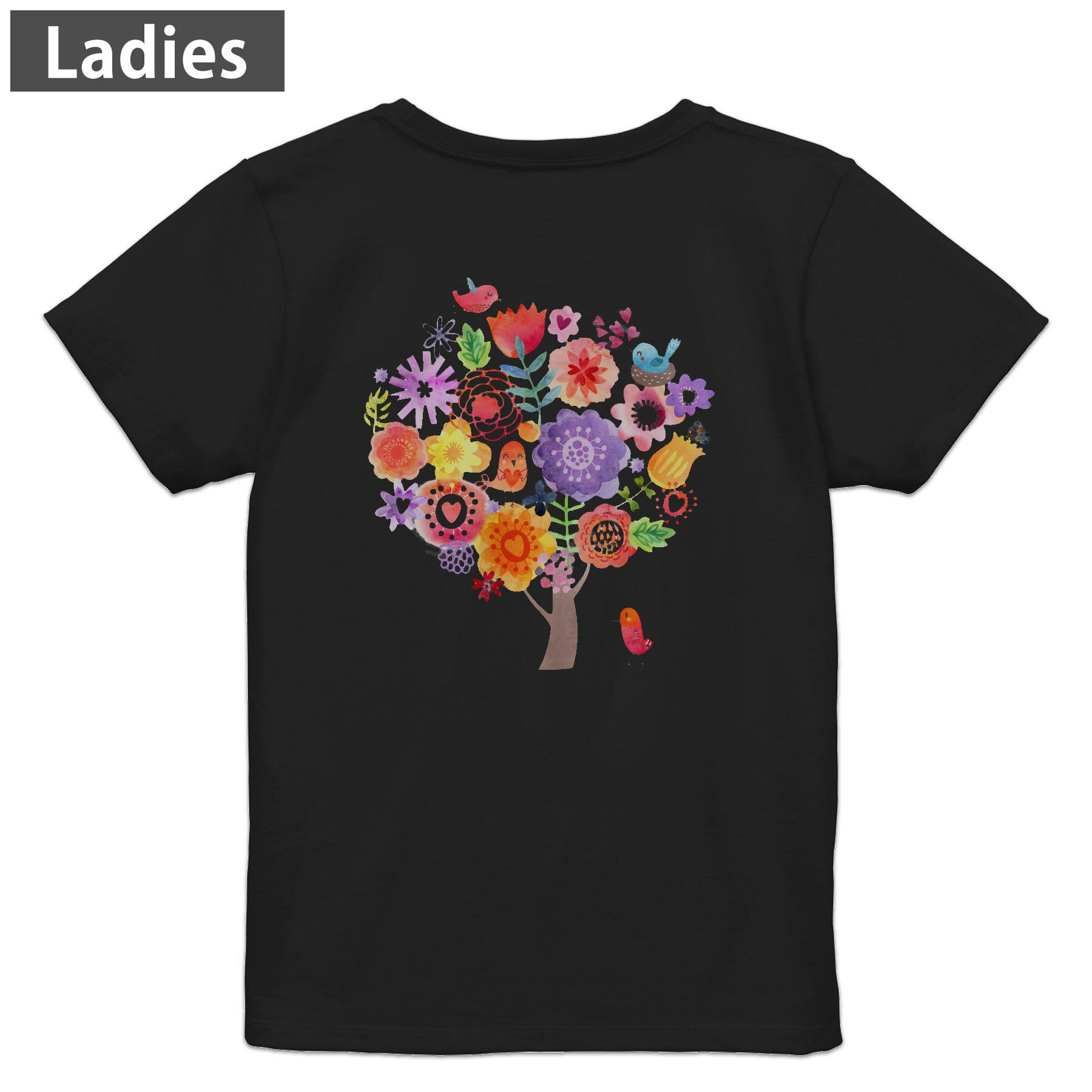 Tシャツ レディース バックプリント 半袖 ブラック 黒 デザイン M L tシャツ ティーシャツ T shirt 009645 　鳥　カラフル(4.0)