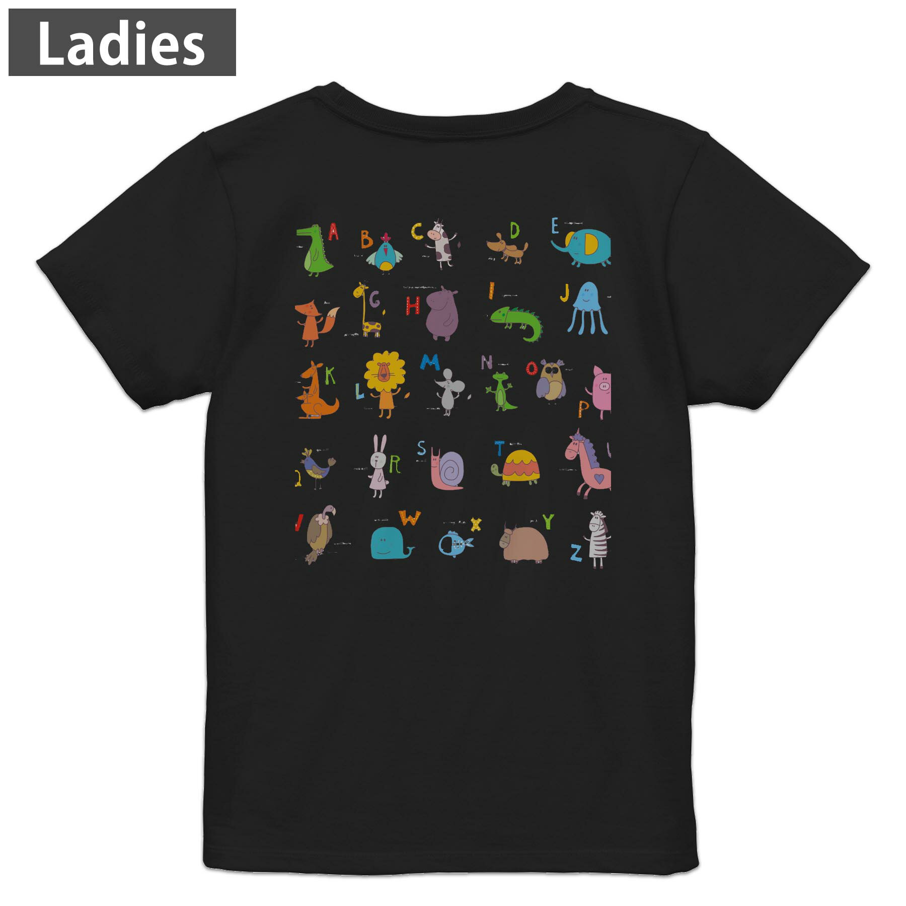 Print - Tシャツ レディース バックプリント 半袖 ブラック 黒 デザイン M L tシャツ ティーシャツ T shirt 009654 英語　動物　文字