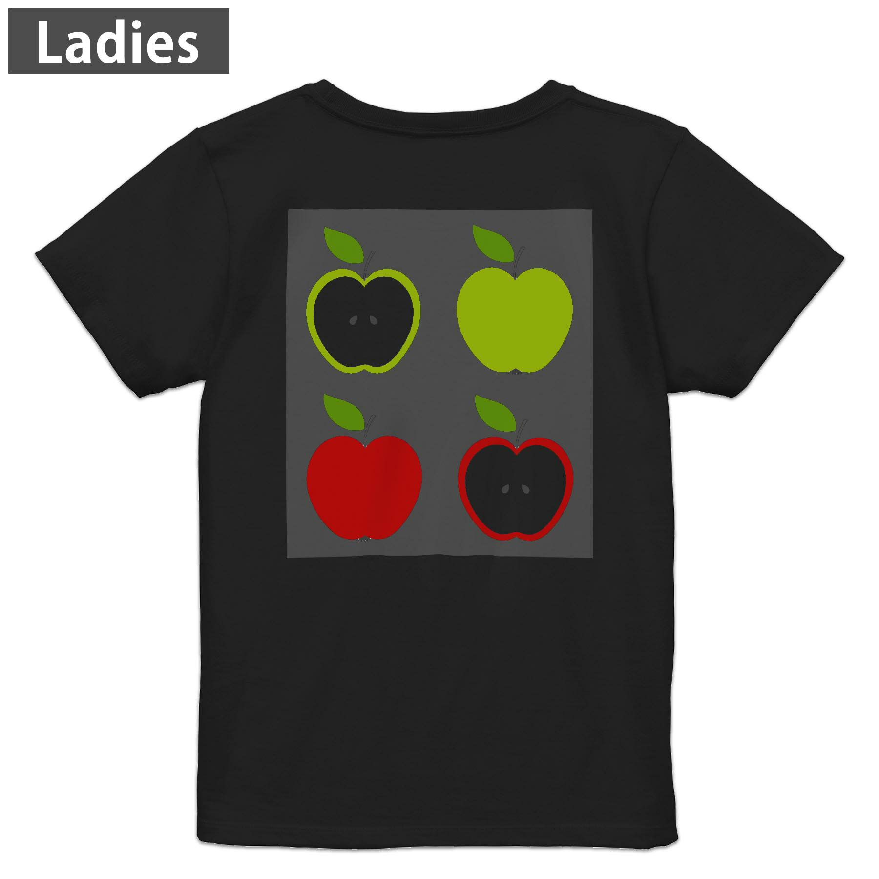 Other - Tシャツ レディース バックプリント 半袖 ブラック 黒 デザイン M L tシャツ ティーシャツ T shirt 009688 りんご　赤　緑