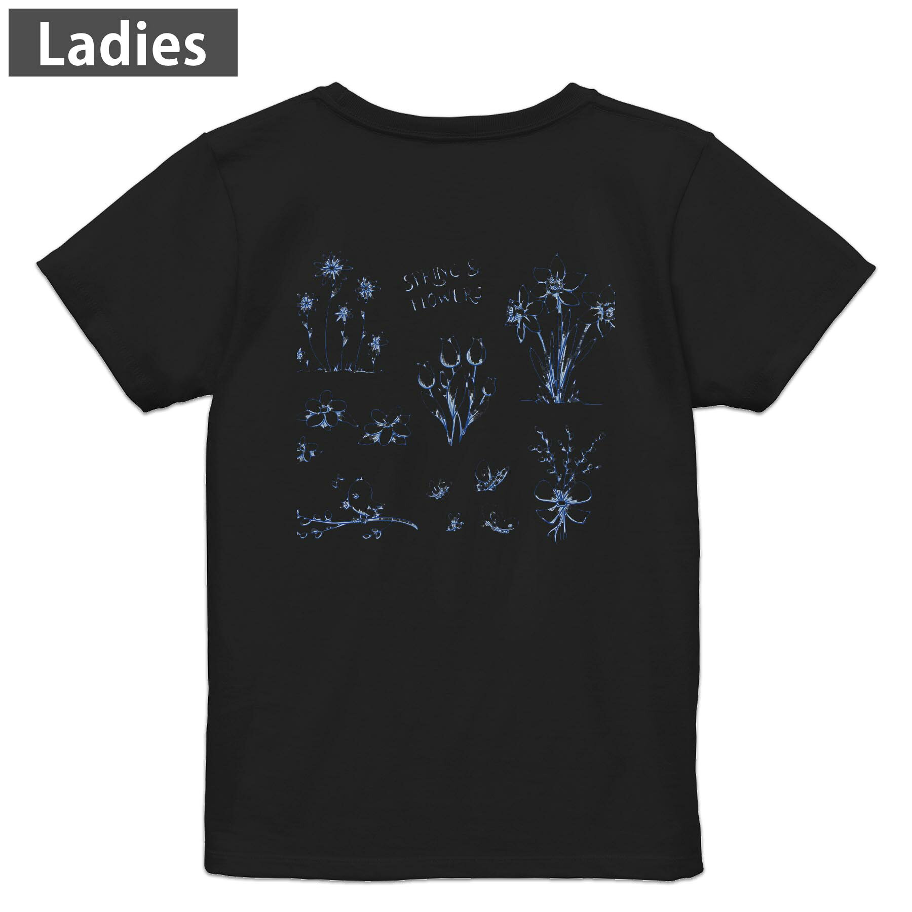 Tシャツ レディース バックプリント 半袖 ブラック 黒 デザイン M L tシャツ ティーシャツ T shirt 009726 　英語　青