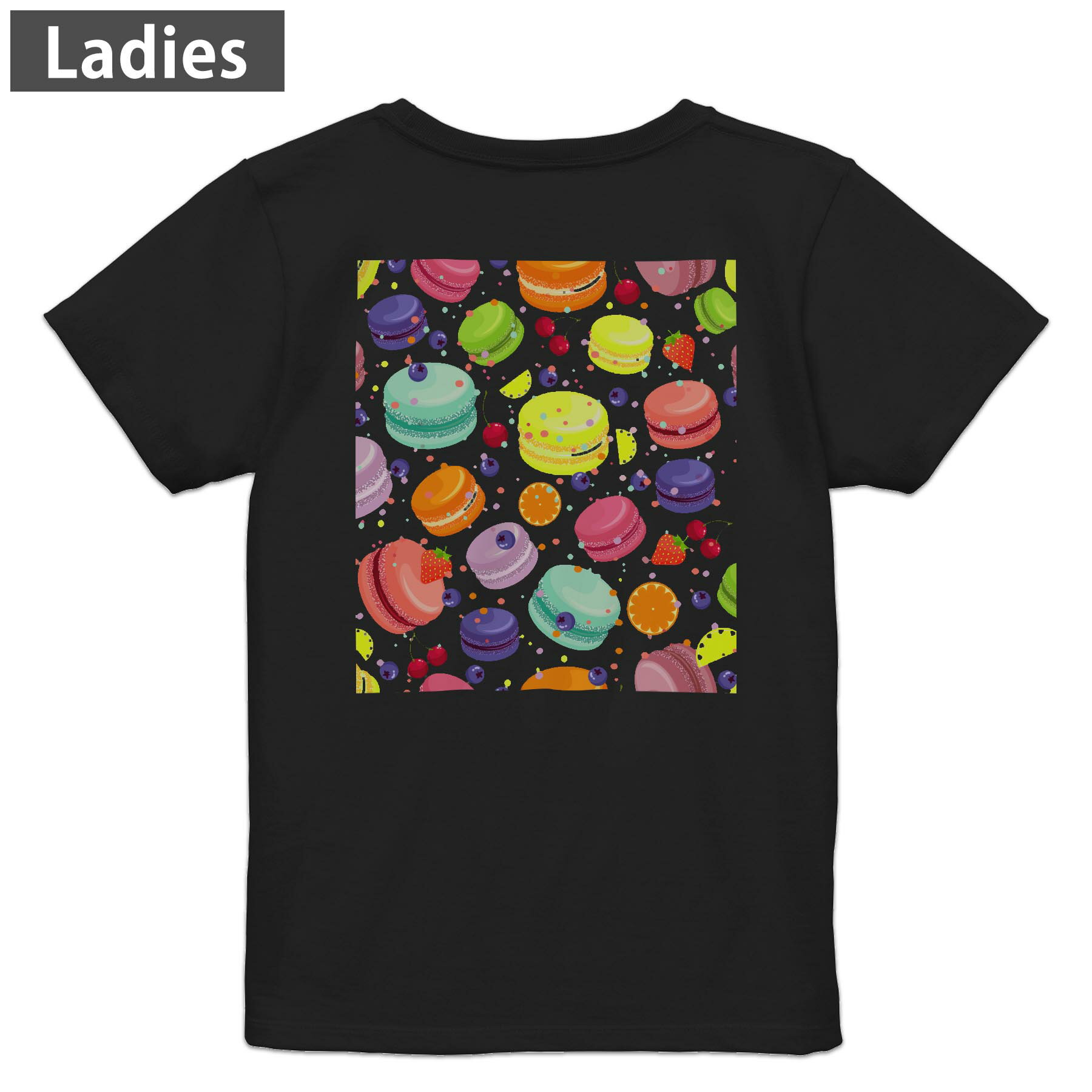 Tシャツ レディース バックプリント 半袖 ブラック 黒 デザイン M L tシャツ ティーシャツ T shirt 009741 デザート マカロン カラフル