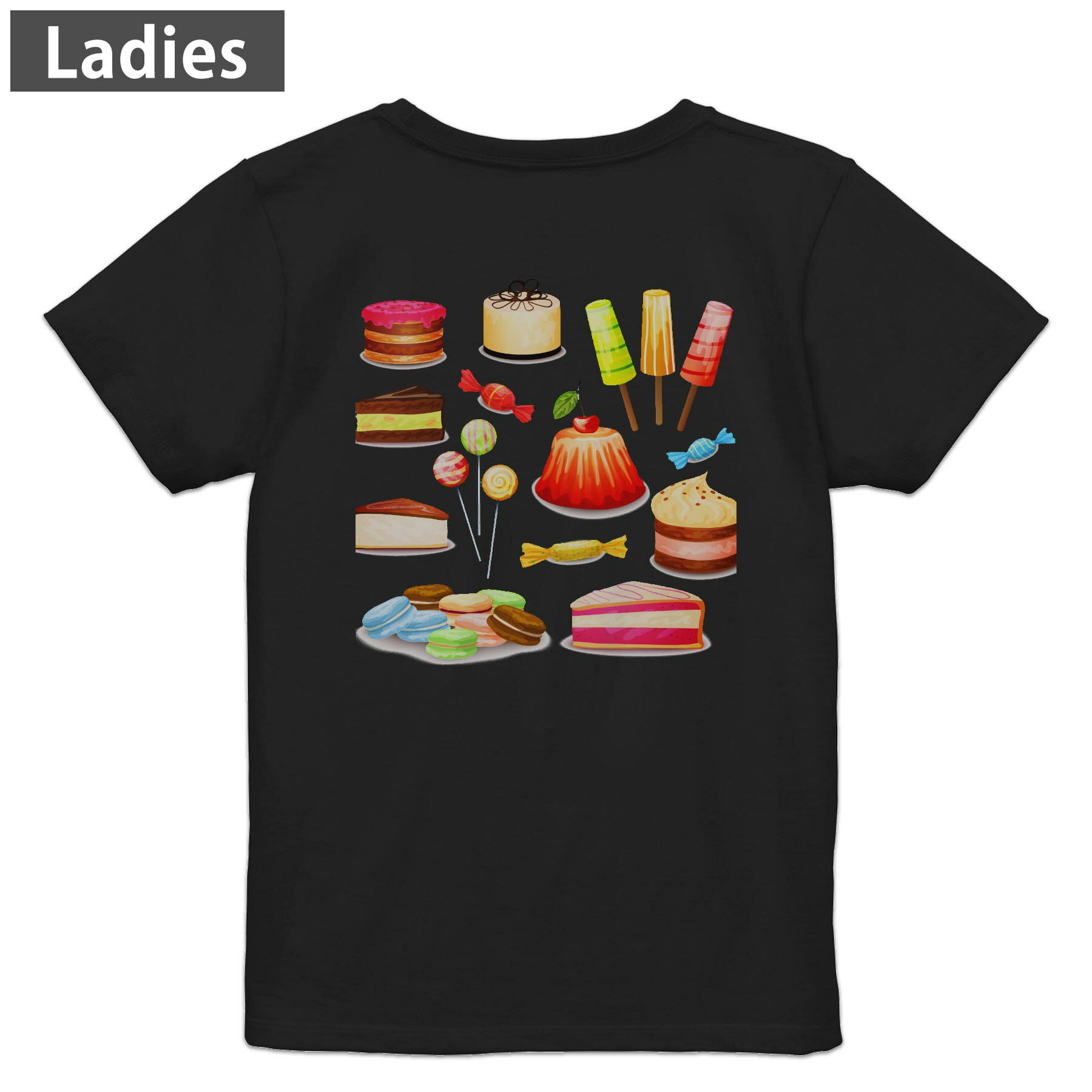 Tシャツ レディース バックプリント 半袖 ブラック 黒 デザイン M L tシャツ ティーシャツ T shirt 009762 デザート マカロン カラフル