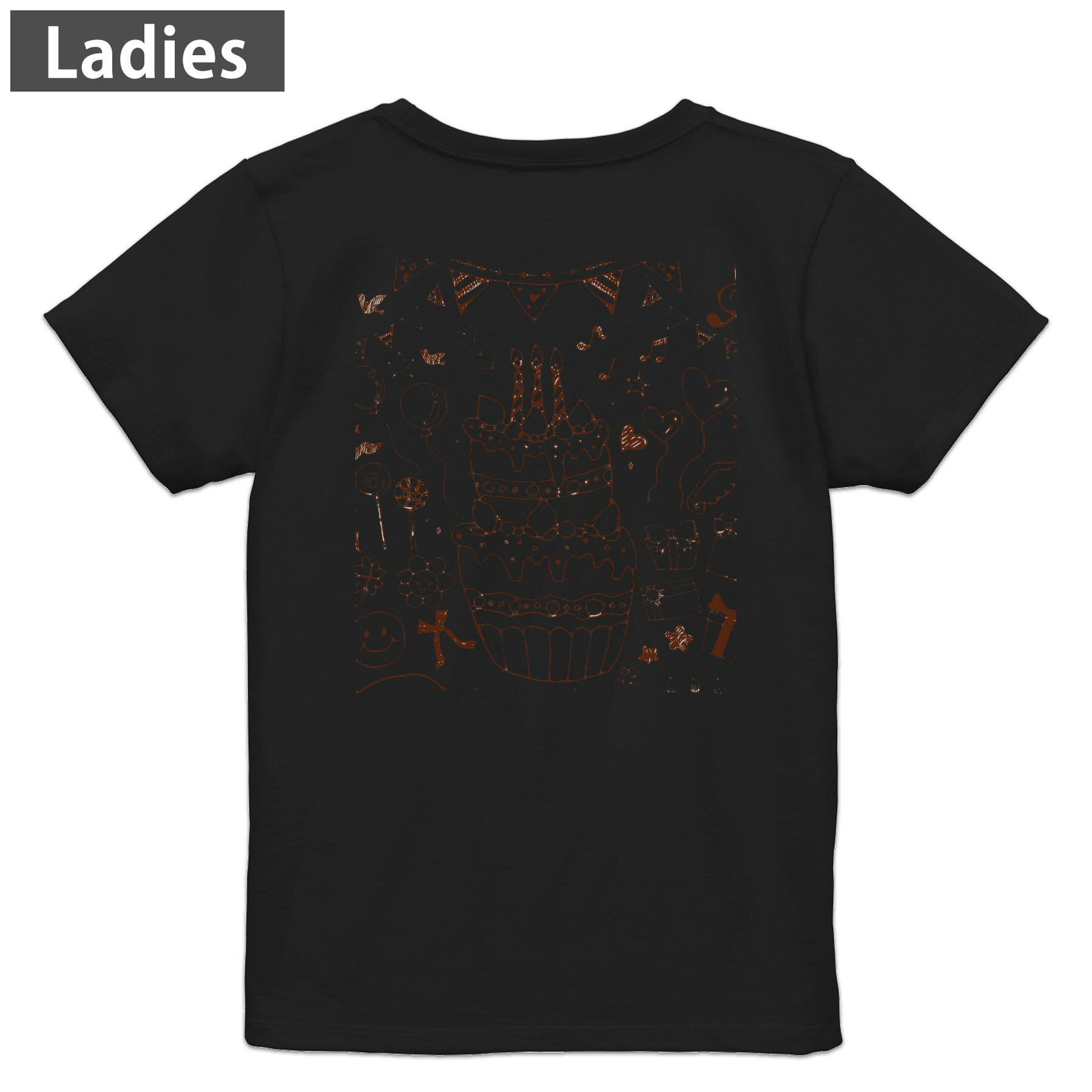 Print - Tシャツ レディース バックプリント 半袖 ブラック 黒 デザイン M L tシャツ ティーシャツ T shirt 010023 バースデー　パーティー　イラスト