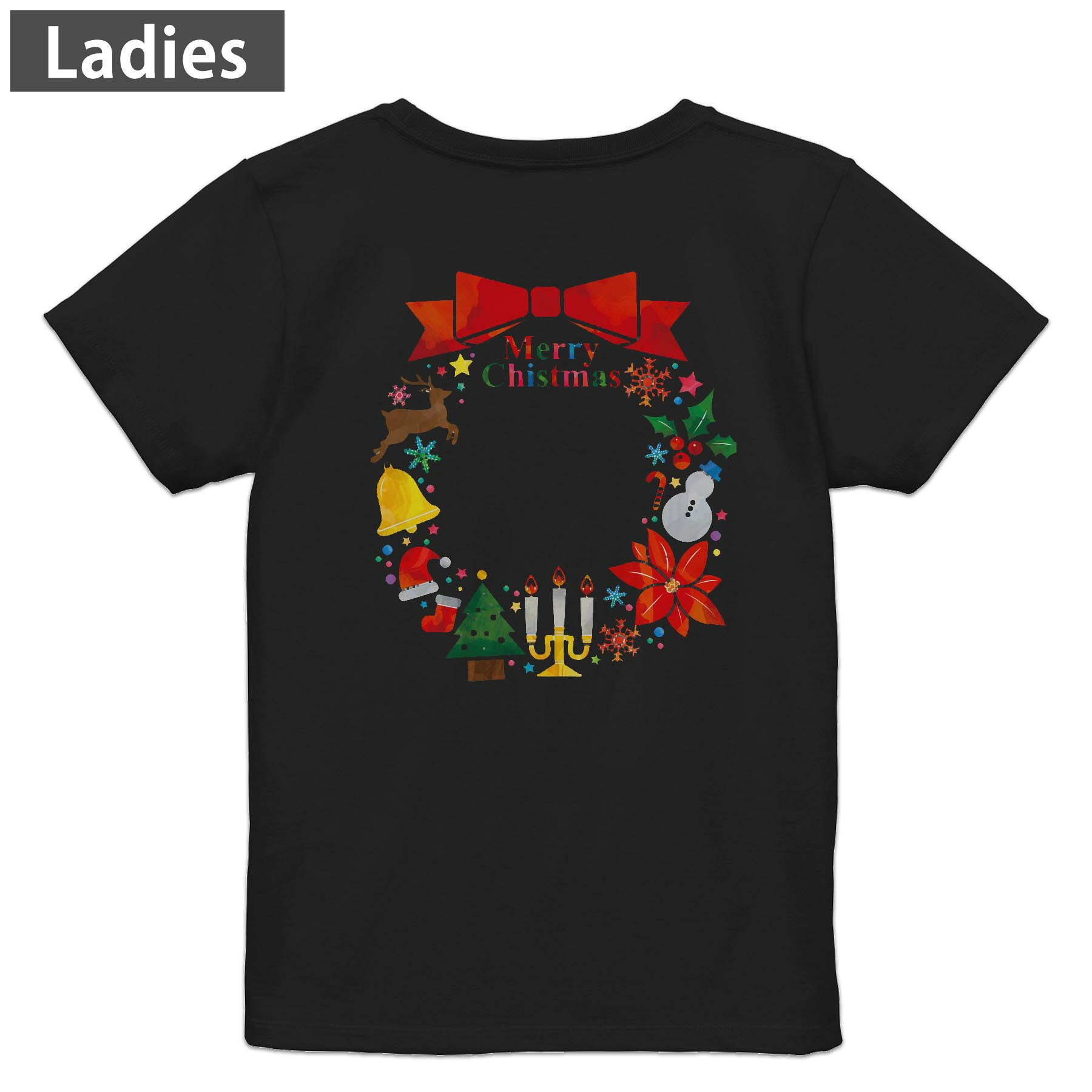 Tシャツ レディース バックプリント 半袖 ブラック 黒 デザイン M L tシャツ ティーシャツ T shirt 010032 クリスマス　リボン　英語