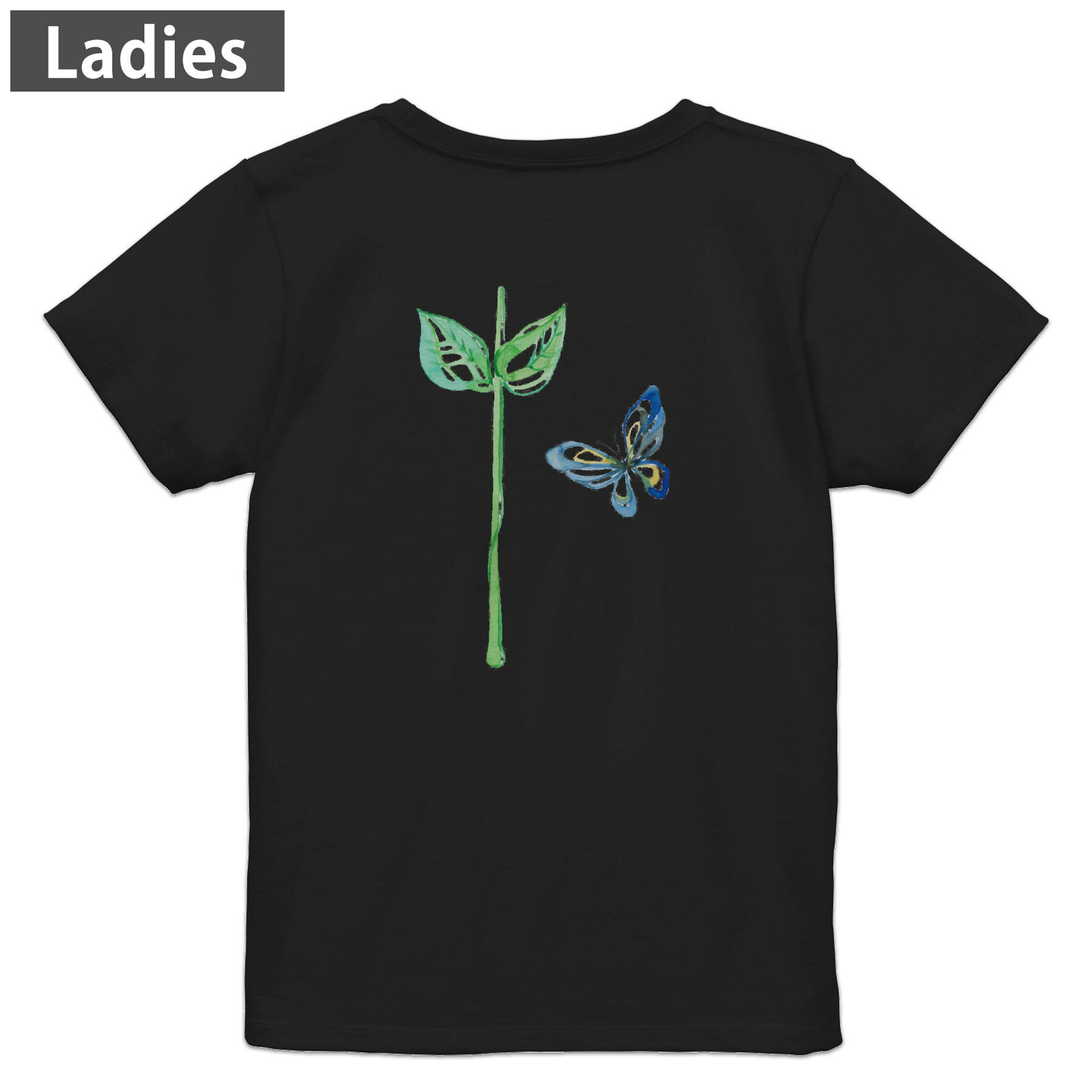 其它 - Tシャツ レディース バックプリント 半袖 ブラック 黒 デザイン M L tシャツ ティーシャツ T shirt 010176 蝶　植物　水彩