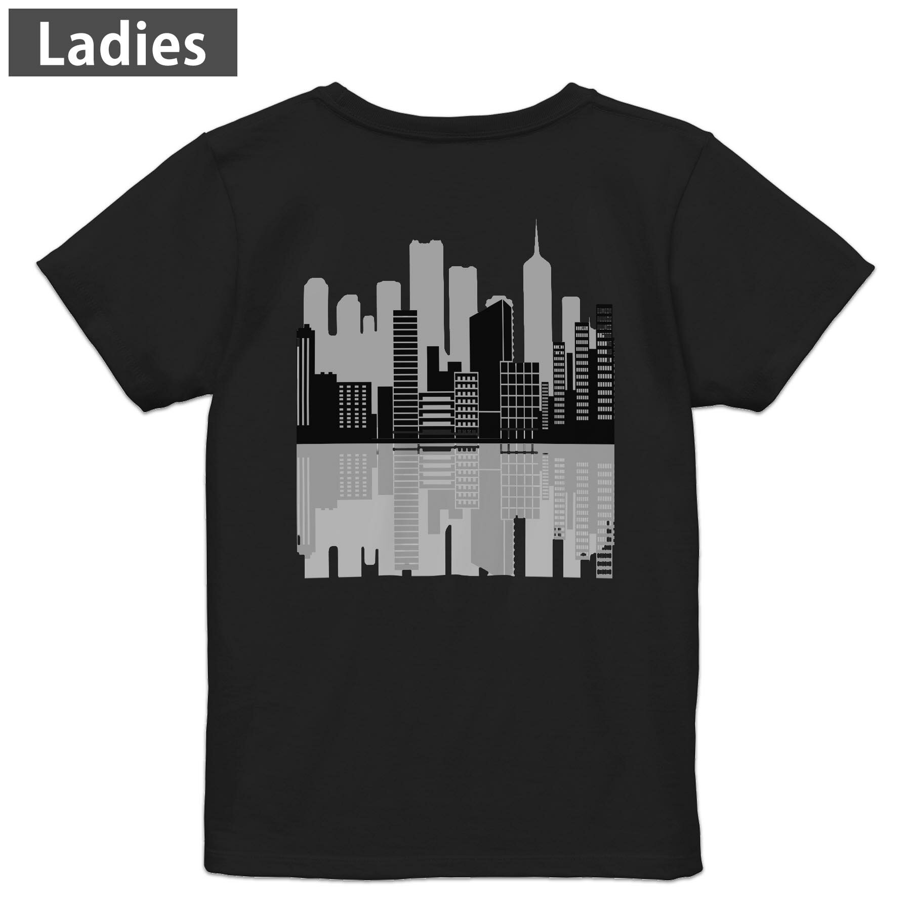 Tシャツ レディース バックプリント 半袖 ブラック 黒 デザイン M L tシャツ ティーシャツ T shirt 010954 風景　白　黒
