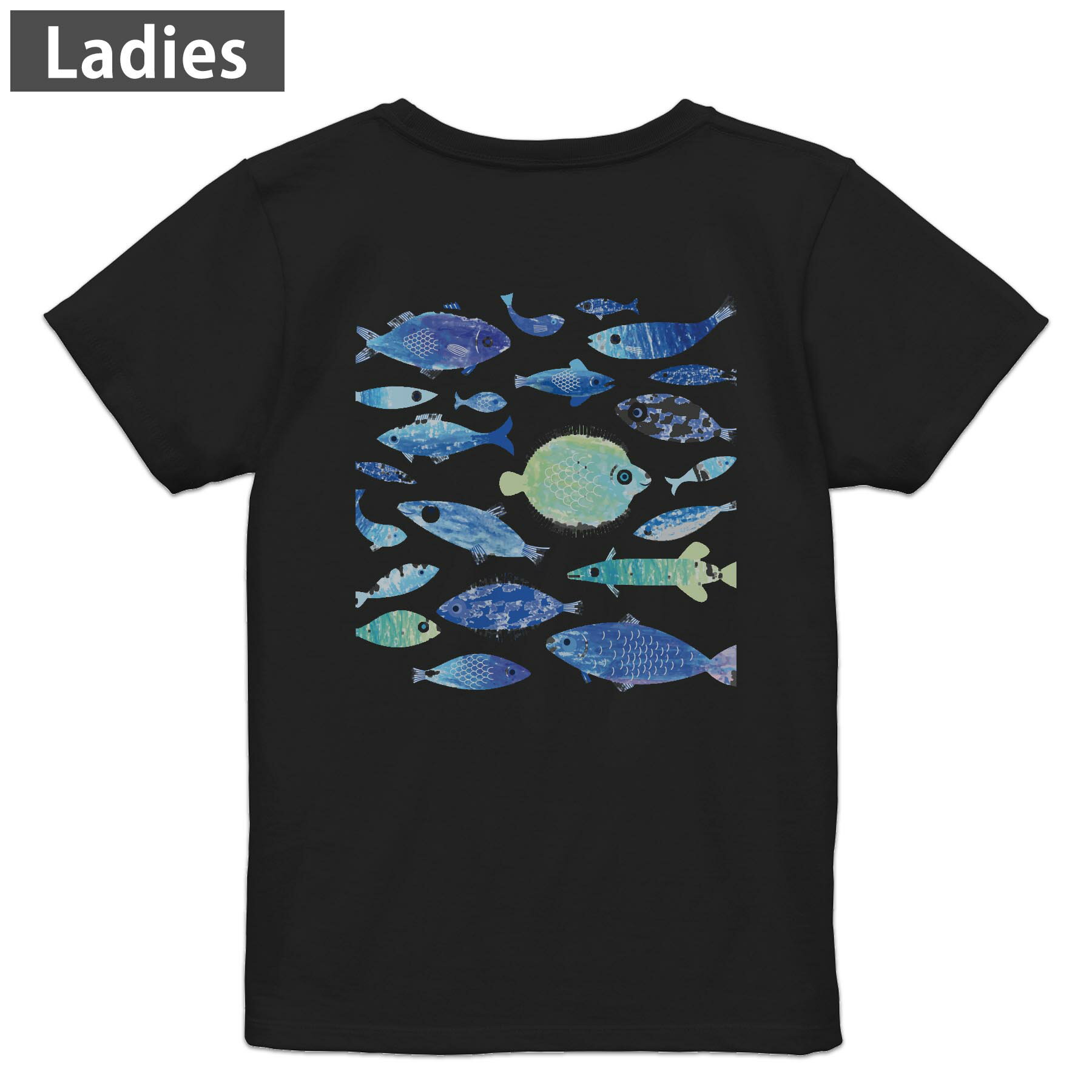Original - Tシャツ レディース バックプリント 半袖 ブラック 黒 デザイン M L tシャツ ティーシャツ T shirt 010962 海　生き物　魚
